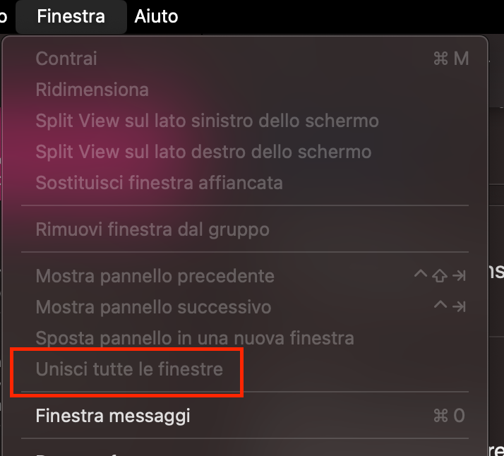 Nell’app Mail, vai alla scheda Finestra e, nel menu a discesa che si apre, trova e seleziona  Unisci tutte le finestre come ulteriore metodo per risolvere il malfunzionamento.