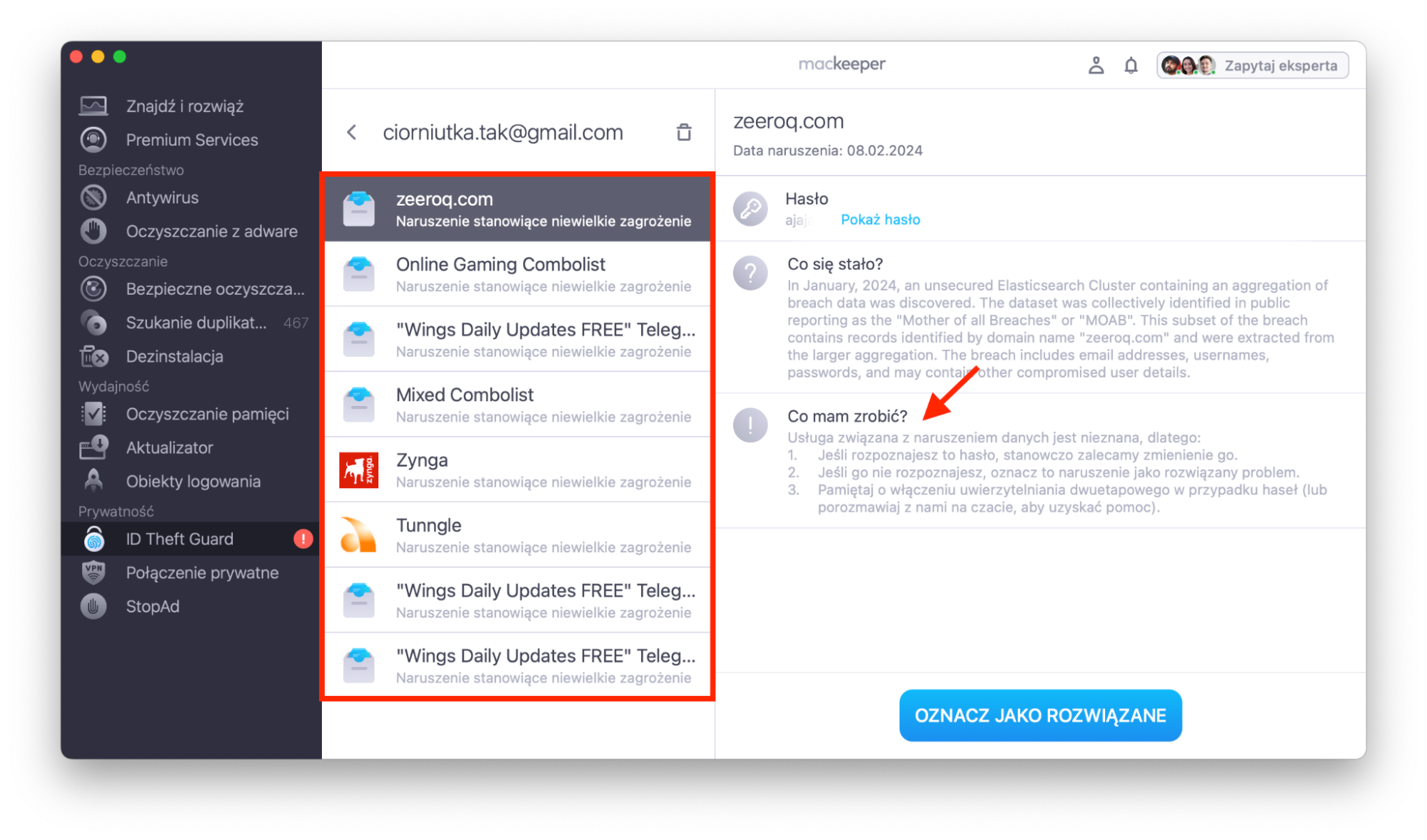 MacKeeper na Macu pokazuje ID Theft Guard. Sprawdź wszystkie naruszone konta i wykonaj kroki, aby je naprawić.