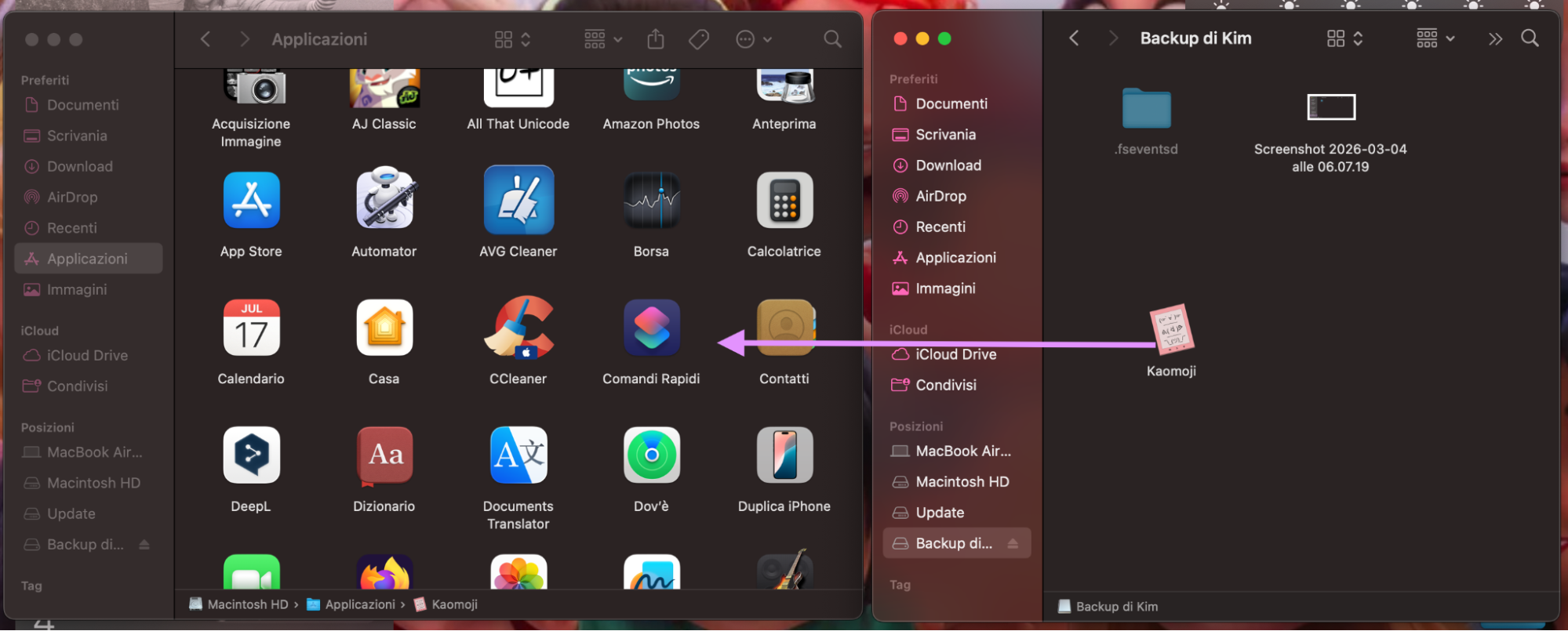 Finder su Mac mostra la cartella Applicazioni accanto a un’unità esterna. Trascina le app sull’unità esterna per trasferirle su un nuovo Mac senza usare Assistente Migrazione.