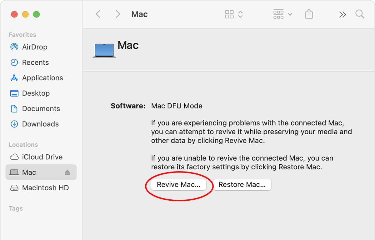 Select the DFU icon in Apple Configurator on your host Mac, then choose Actions, Advanced, and Revive Device to repair firmware without erasing data.