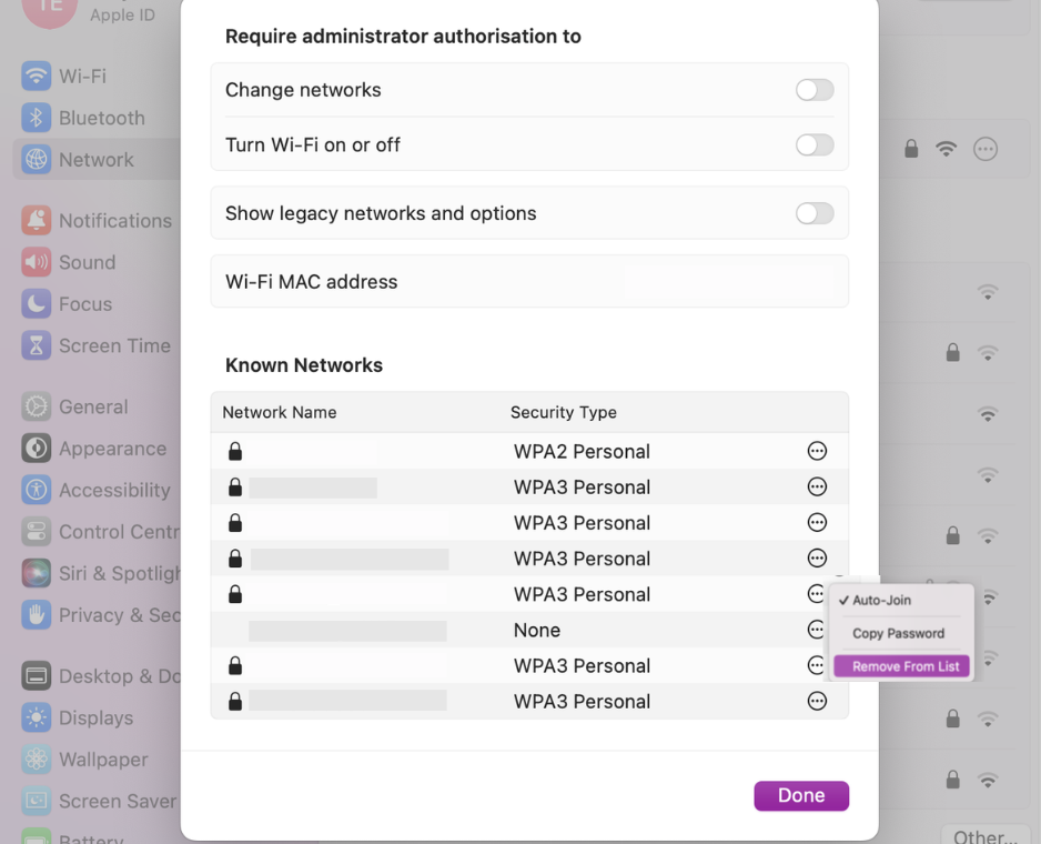 The best way to reset your network settings is to forget all your networks, re-add them, and renew your DHCP Lease. To do this, start by opening your Network Settings. Then click on Advanced… Under the Known Networks list, click on the three dots (...) and Remove from List to forget.