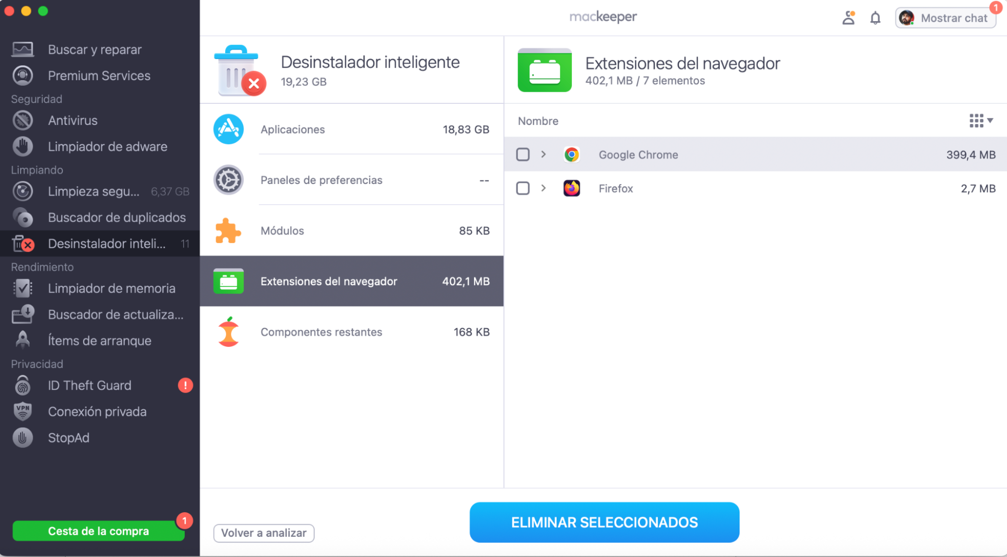 La aplicación MacKeeper muestra la función Desinstalador Inteligente, que ayuda a eliminar los plugins no deseados de tu Mac.