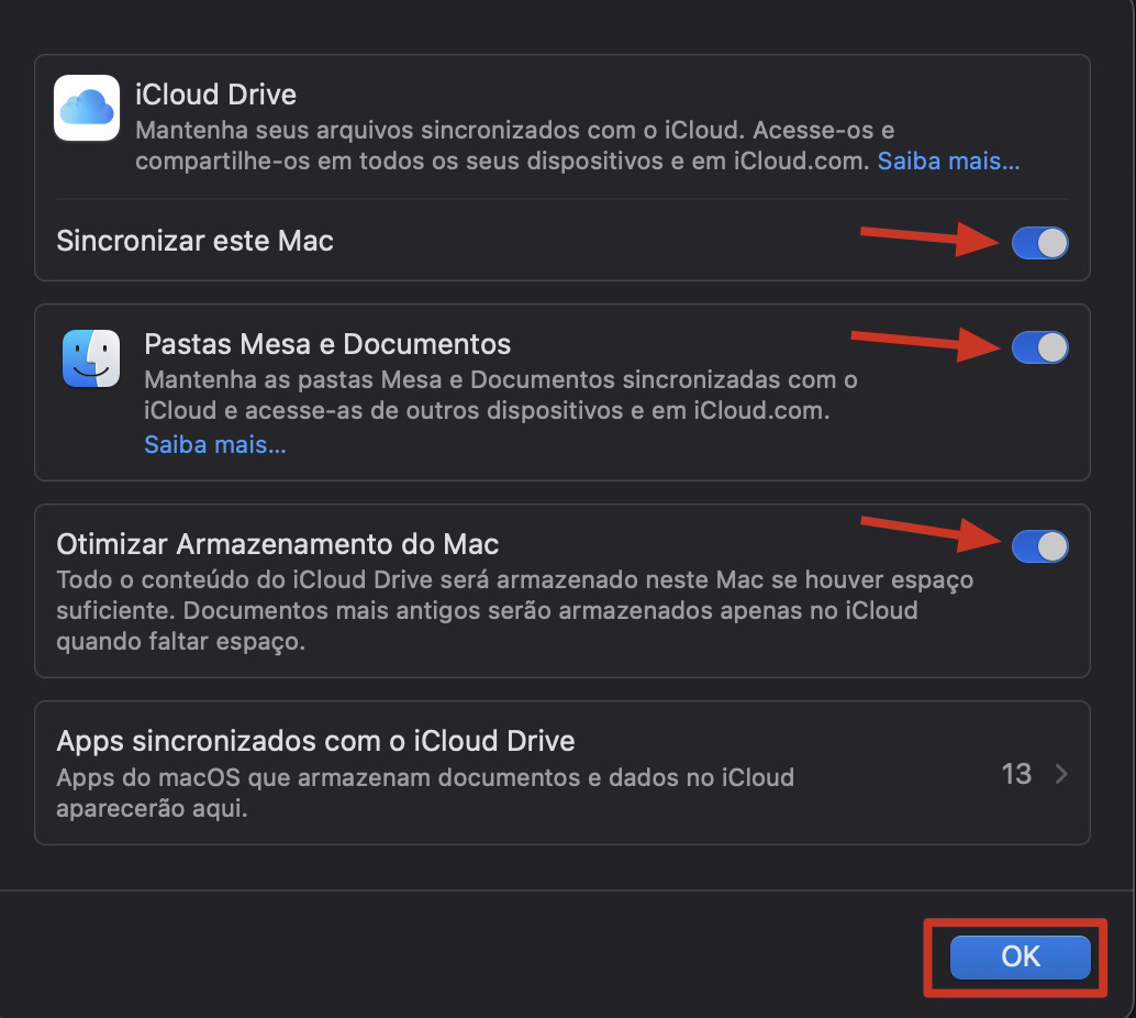 As opções do iCloud Drive em Ajustes do Sistema no Mac. Certifique-se de que todas as opções de backup estejam ativadas para enviar os arquivos para a nuvem e liberar espaço no Mac.