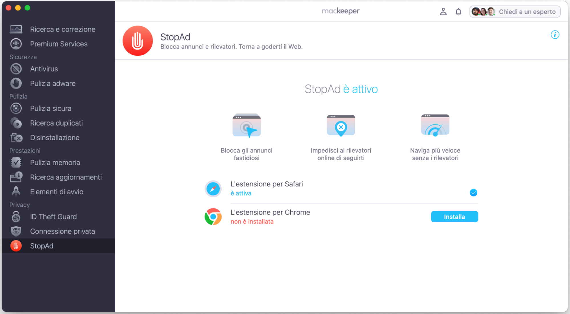 Per proteggere Safari dai virus, blocca l’accesso ai siti web dannosi. Apri MacKeeper e vai su StopAd, seleziona Abilita accanto a Safari.