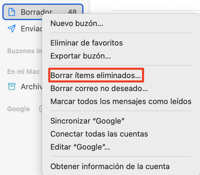 Parte de un menú de la aplicación Apple Mail. Borrar ítems eliminados está seleccionado. Cómo eliminar el caché de mail en Mac: vaciar la Papelera.
