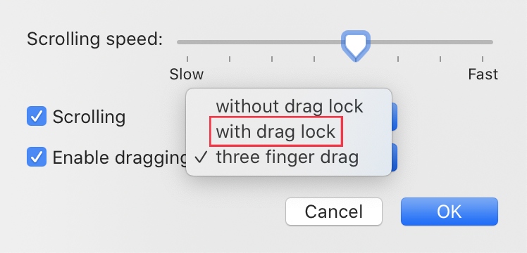 In Pointer Control settings, navigate to Dragging style and select With drag lock to enable the drag lock feature on your MacBook device.
