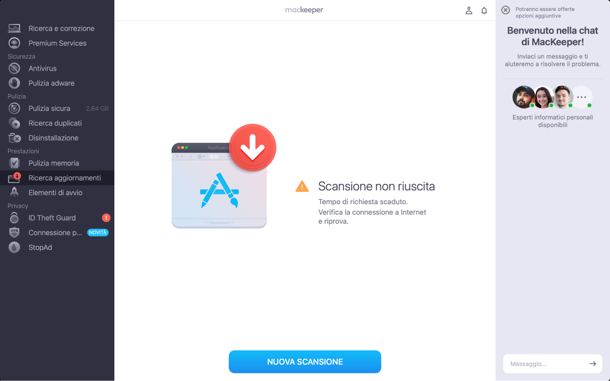 Nella finestra Ricerca Aggiornamenti, aperta da sinistra nell'interfaccia dell'app di MacKeeper, vedrete l'opzione NuovaScansione, in basso a metà.