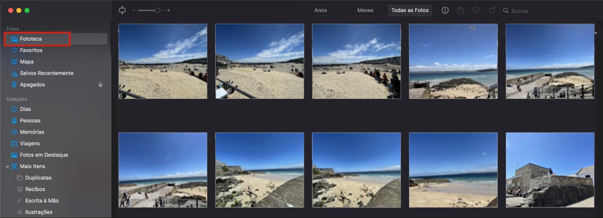 Na seção Fototeca do aplicativo Fotos no Mac, remova fotos e vídeos indesejados do computador para liberar espaço no disco.