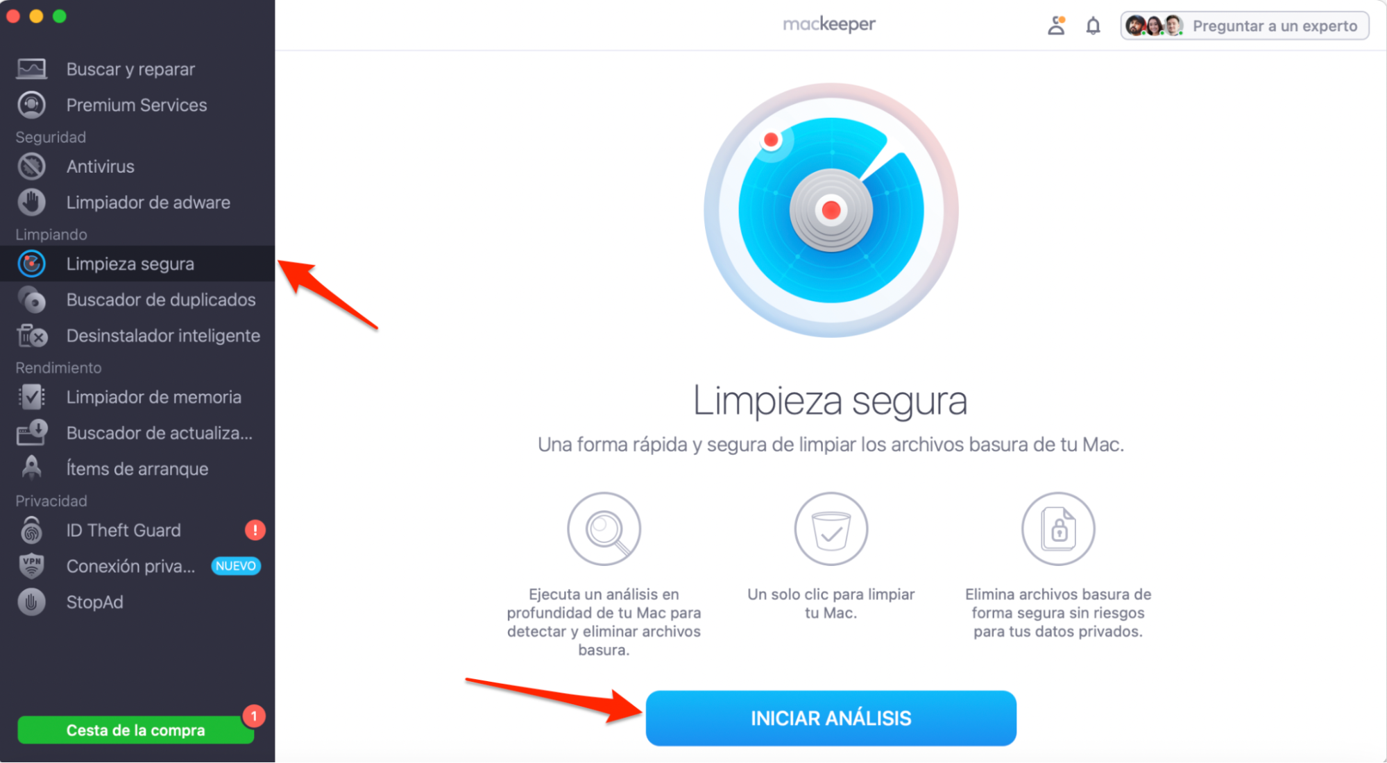 MacKeeper en macOS Monterey muestra la herramienta Limpieza segura. Haz clic en Iniciar análisis para encontrar todos los archivos basura ocultos en tu sistema.