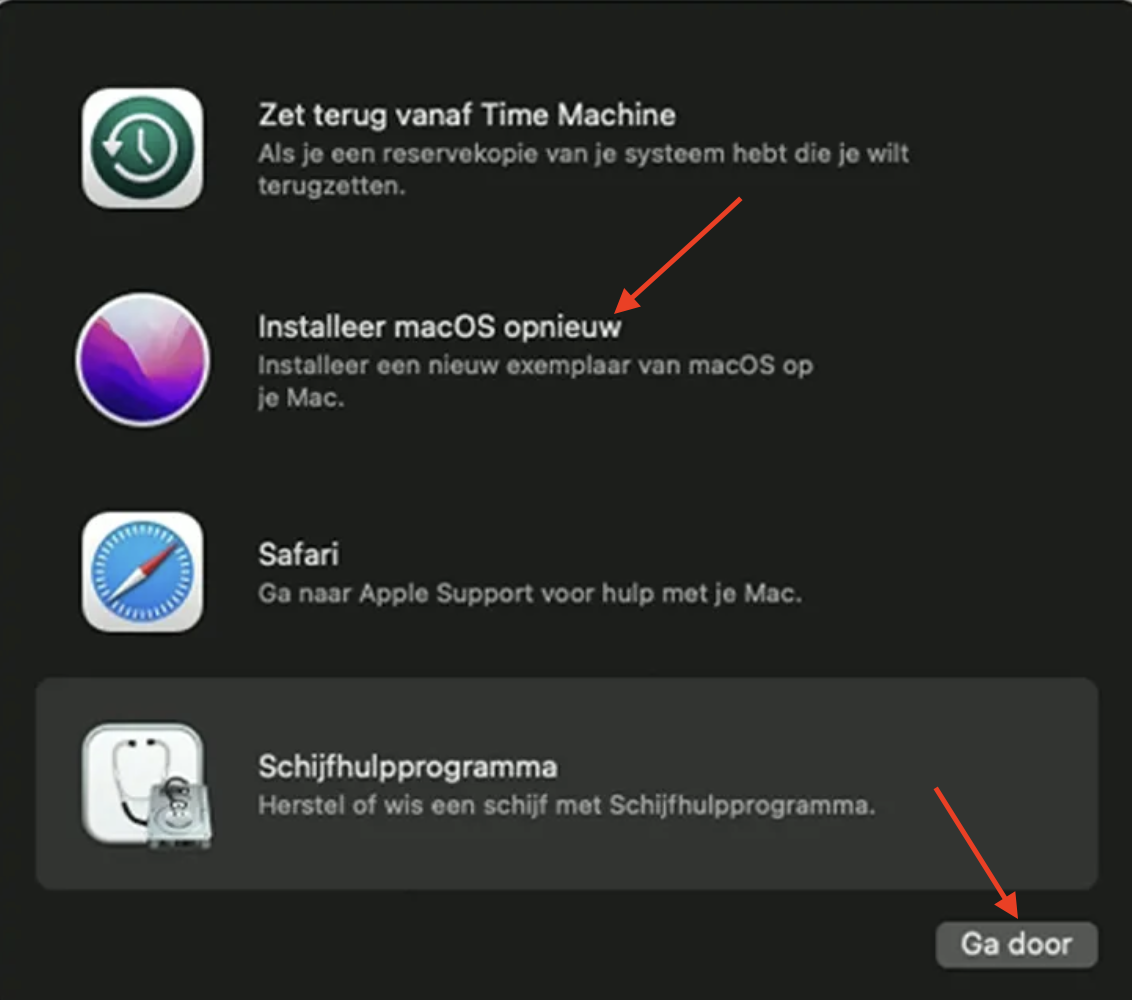 macOS-herstel op de Mac toont een lijst met herstelopties. Selecteer ‘Installeer macOS opnieuw’ en klik vervolgens op ‘Ga door’ om een nieuwe kopie van macOS op je computer te installeren.