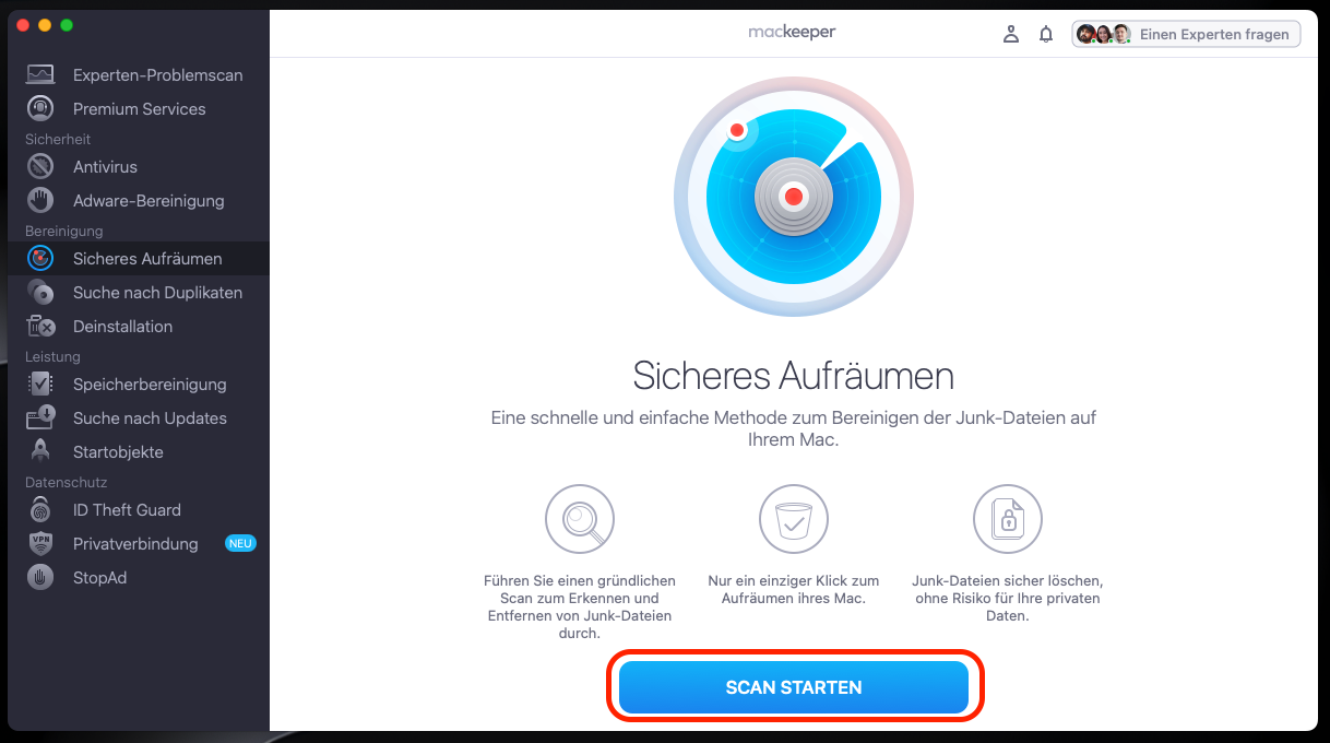 Sie werden wahrscheinlich feststellen, dass 256 GB für ein MacBook ausreichend sind, wenn Sie Junk-Dateien bereinigen. Klicken Sie dazu in der Funktion Sicheres Aufräumen von MacKeeper auf Scan starten.