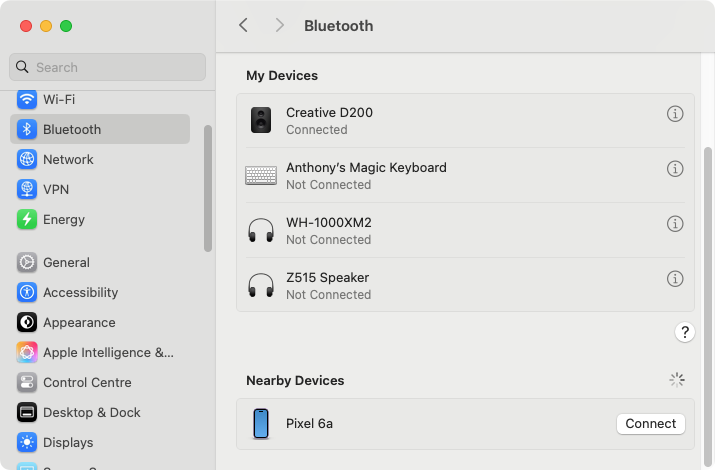 Although it's slow, you can transfer files, including photos, from Android to macOS via Bluetooth. This is best used only for one or two pictures. In your Mac's System Settings, open Bluetooth settings and connect to your phone.