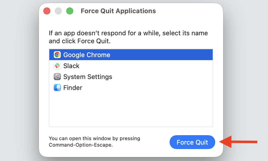 Force Quit Applications window on macOS with a video app selected and the Force Quit button ready to release the stuck MacBook webcam.