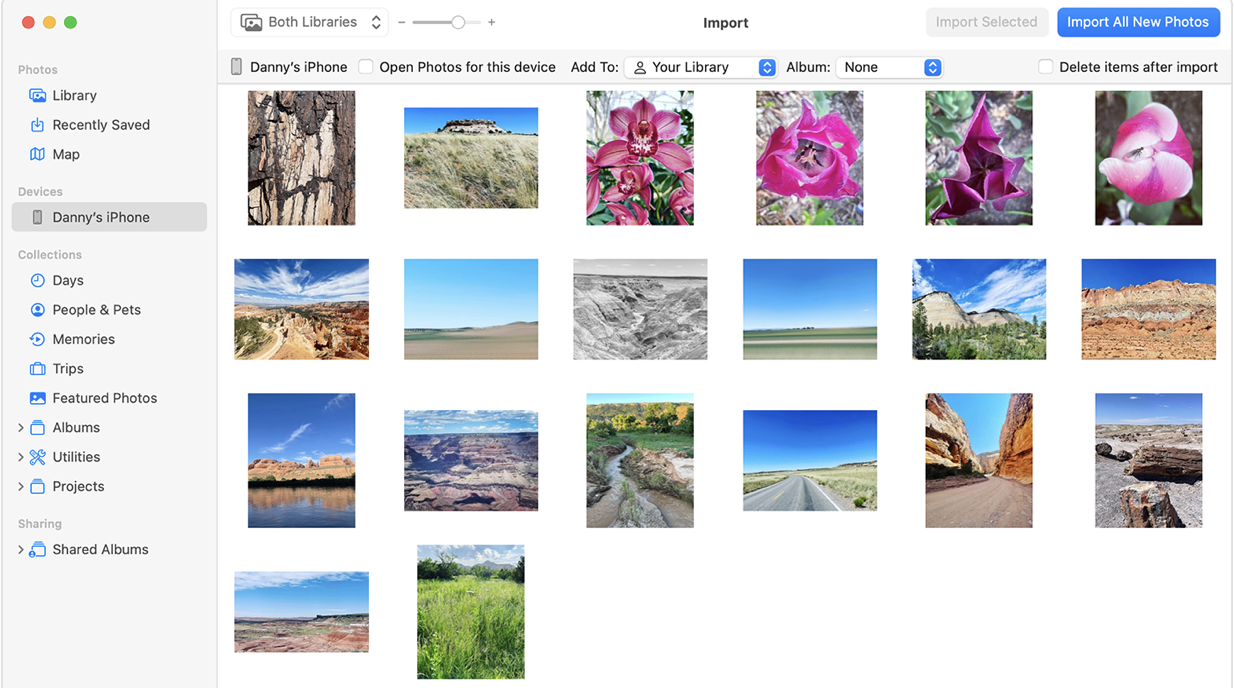 To move your images from iPhone to an external drive, via the Photos app, first make sure you have everything connected to your MacBook. Then, you’ll need to open the Photos app and select iPhone. Click on all the images you want to move and then press Import.