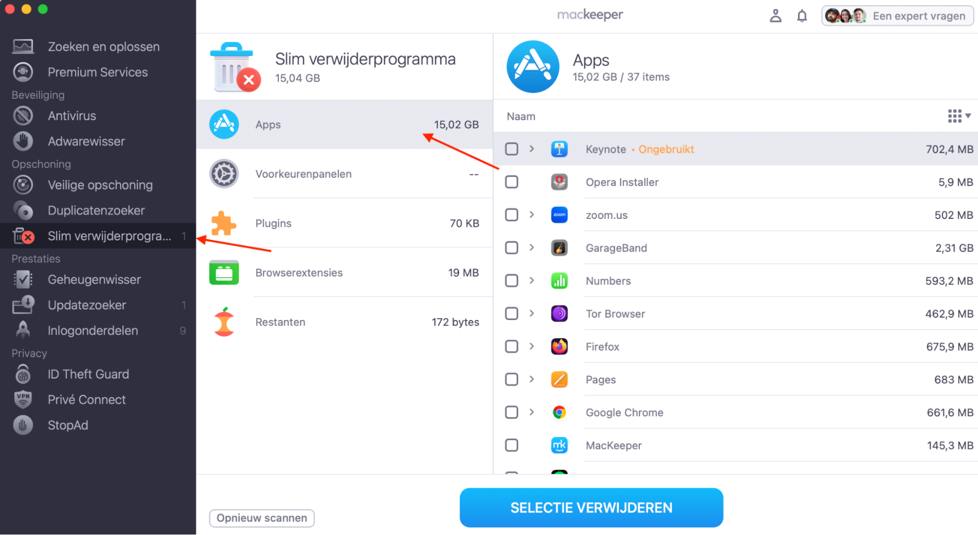 MacKeeper op Mac toont de tool Slim verwijderprogramma. Klik op Apps om een lijst te zien van alle toepassingen die je van je Mac kunt verwijderen.