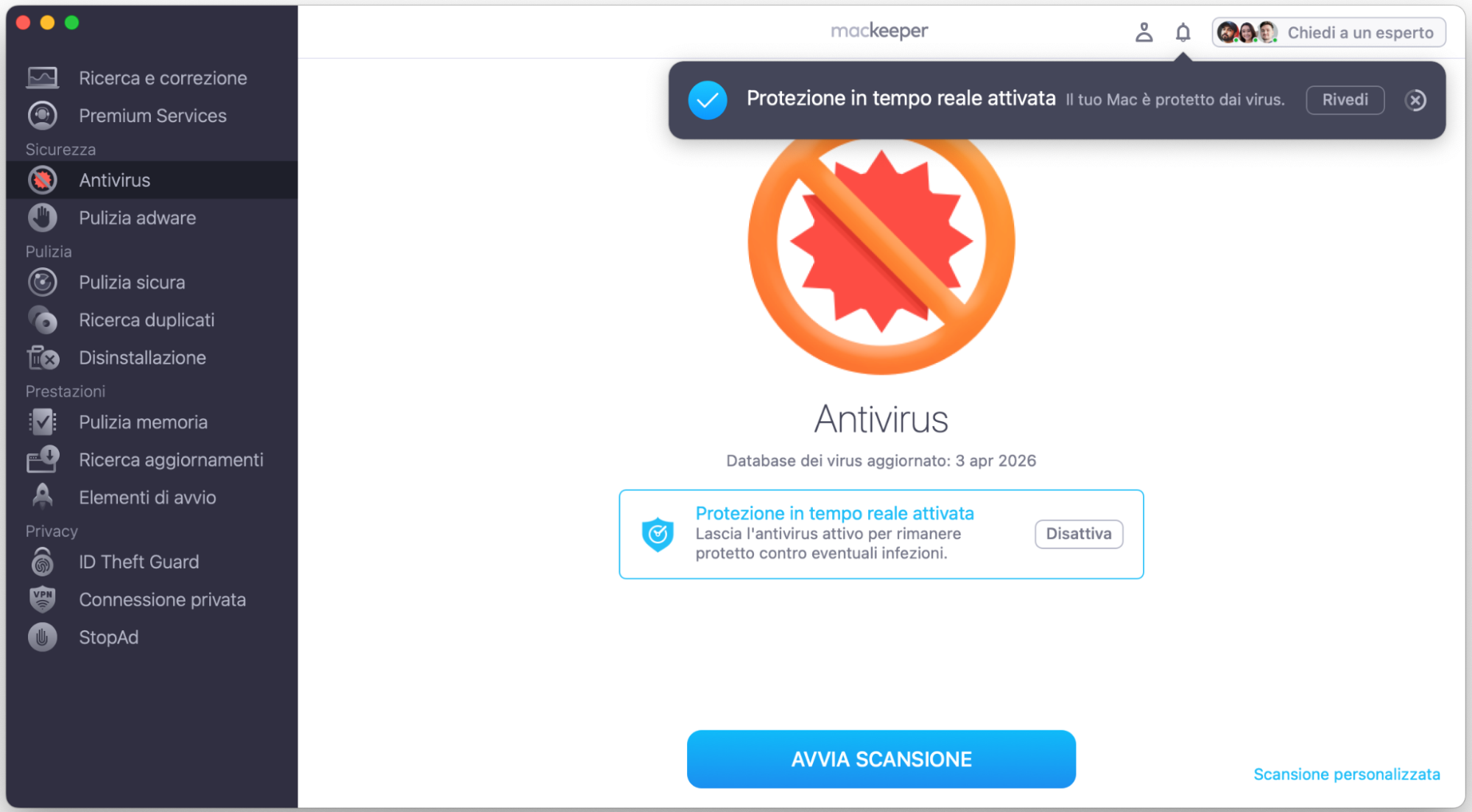 Per usare la protezione in tempo reale contro i virus in MacKeeper, segui le istruzioni sullo schermo per consentire a MacKeeper di proteggerti.