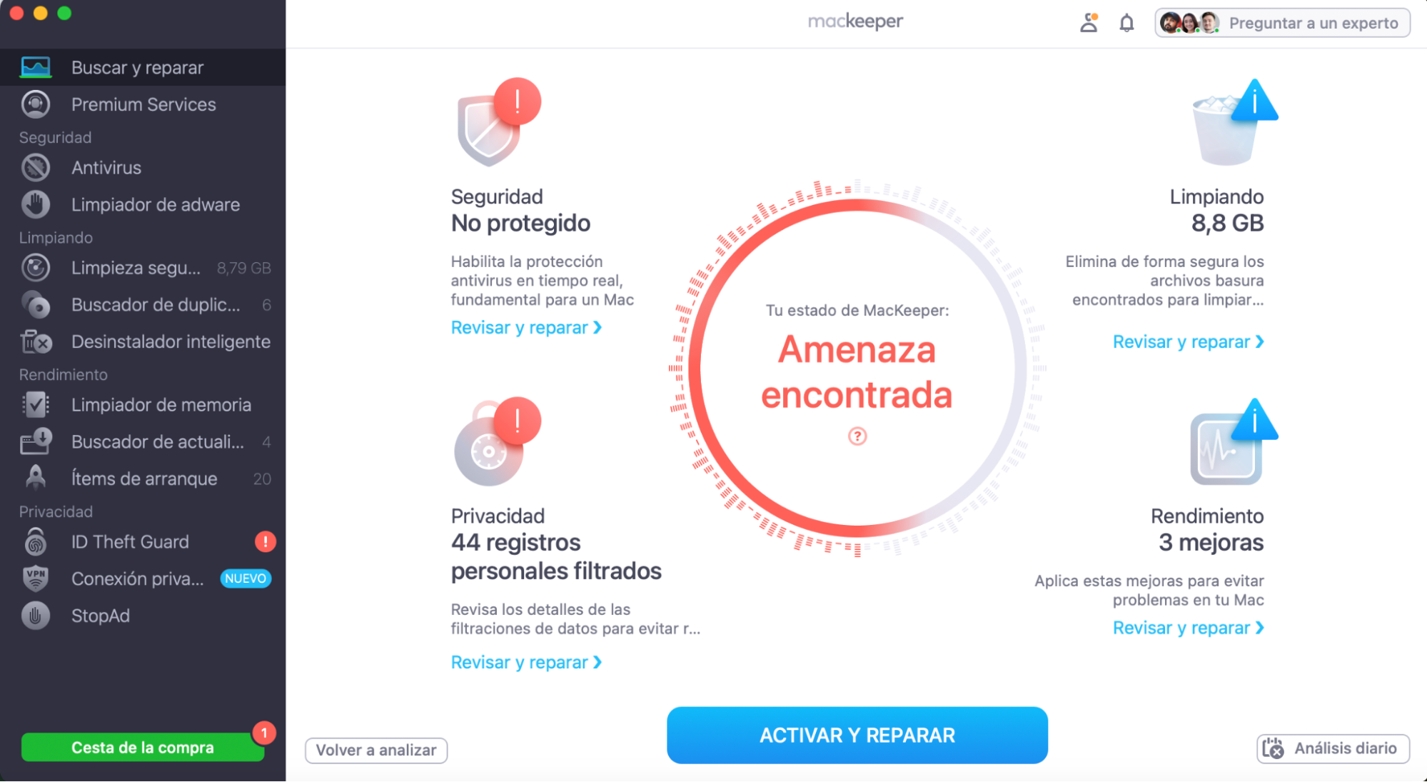 Cuando finaliza el análisis, revisa las mejoras recomendadas y haz clic en Activar y Reparar elementos de forma segura.