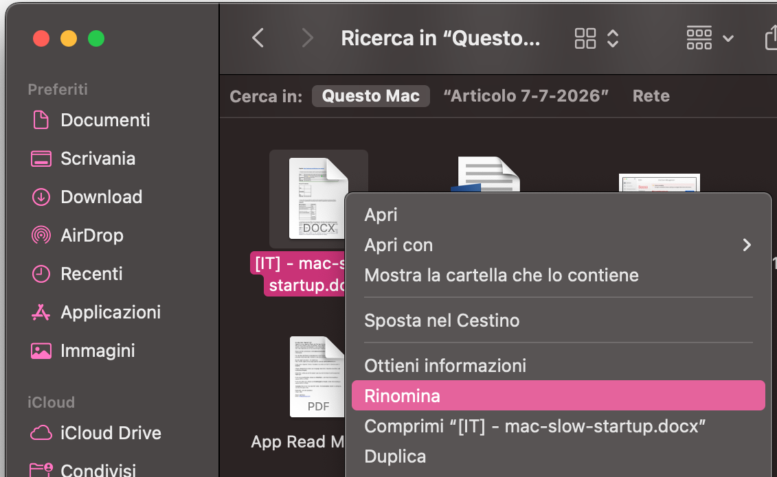 Rinominare i file Word potrebbe aiutare quando Word si blocca o si chiude sul tuo Mac. Fai clic destro sul file e scegli Rinomina.