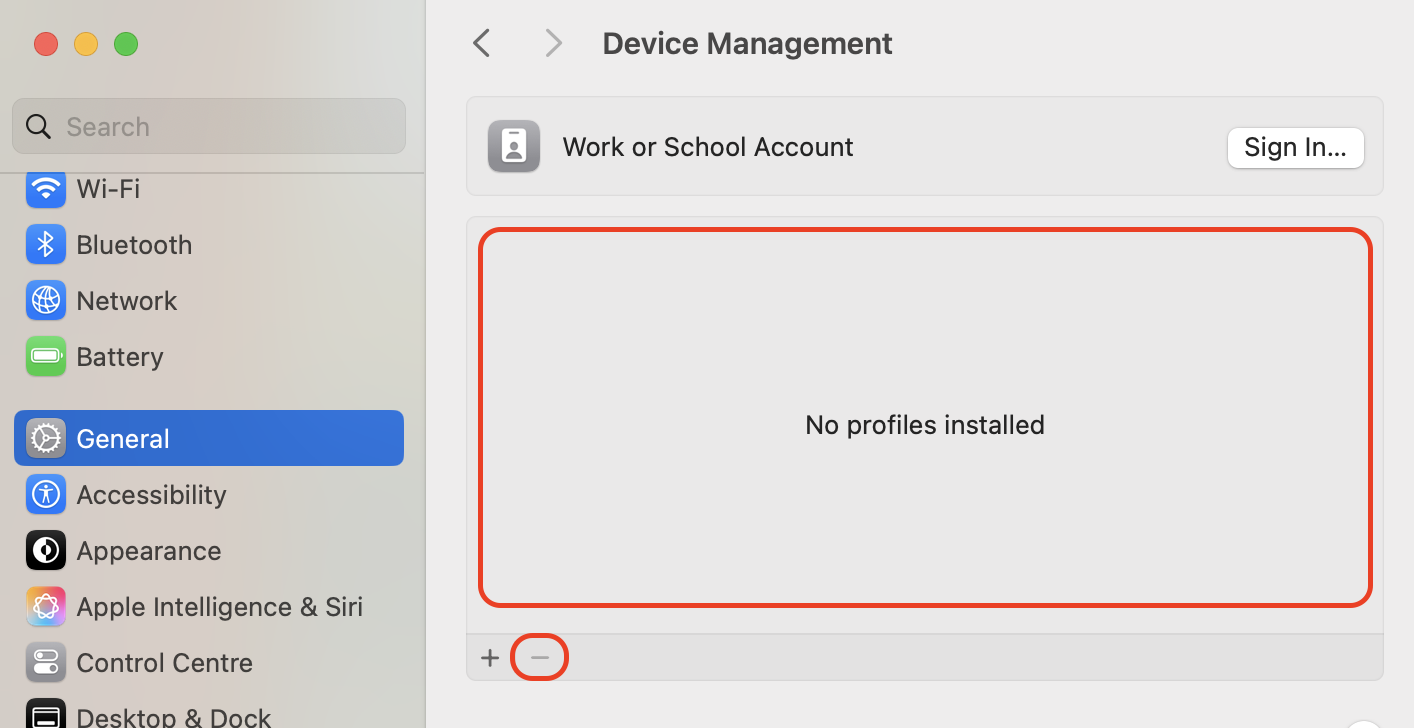 Select any unfamiliar profile in the Device Management list, click the minus button to delete it, then confirm the removal and restart your Mac.