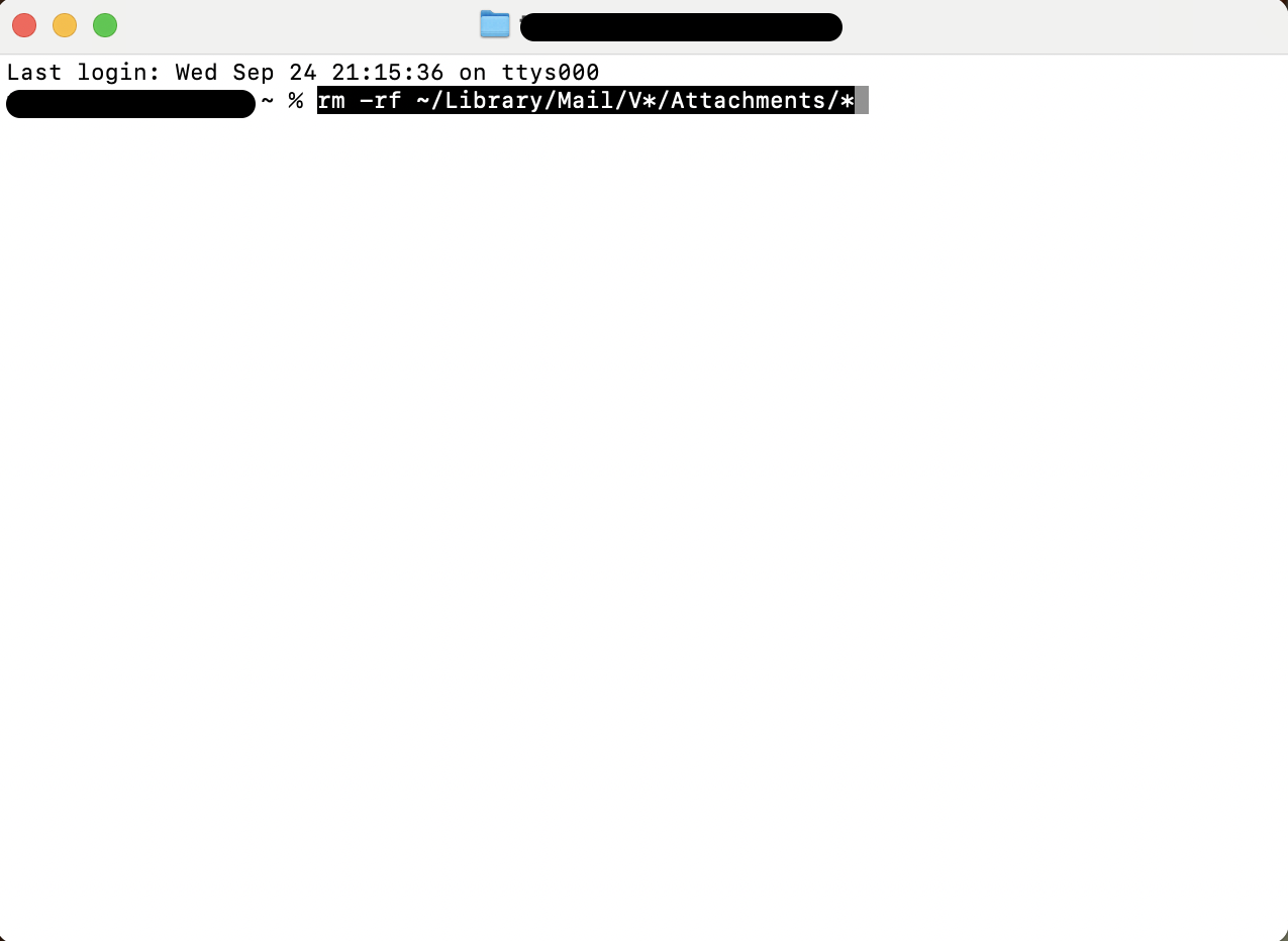 Enter rm -rf ~/Library/Mail/V/Attachments/* in Terminal and press Return to delete all Mail attachments and free up storage space.