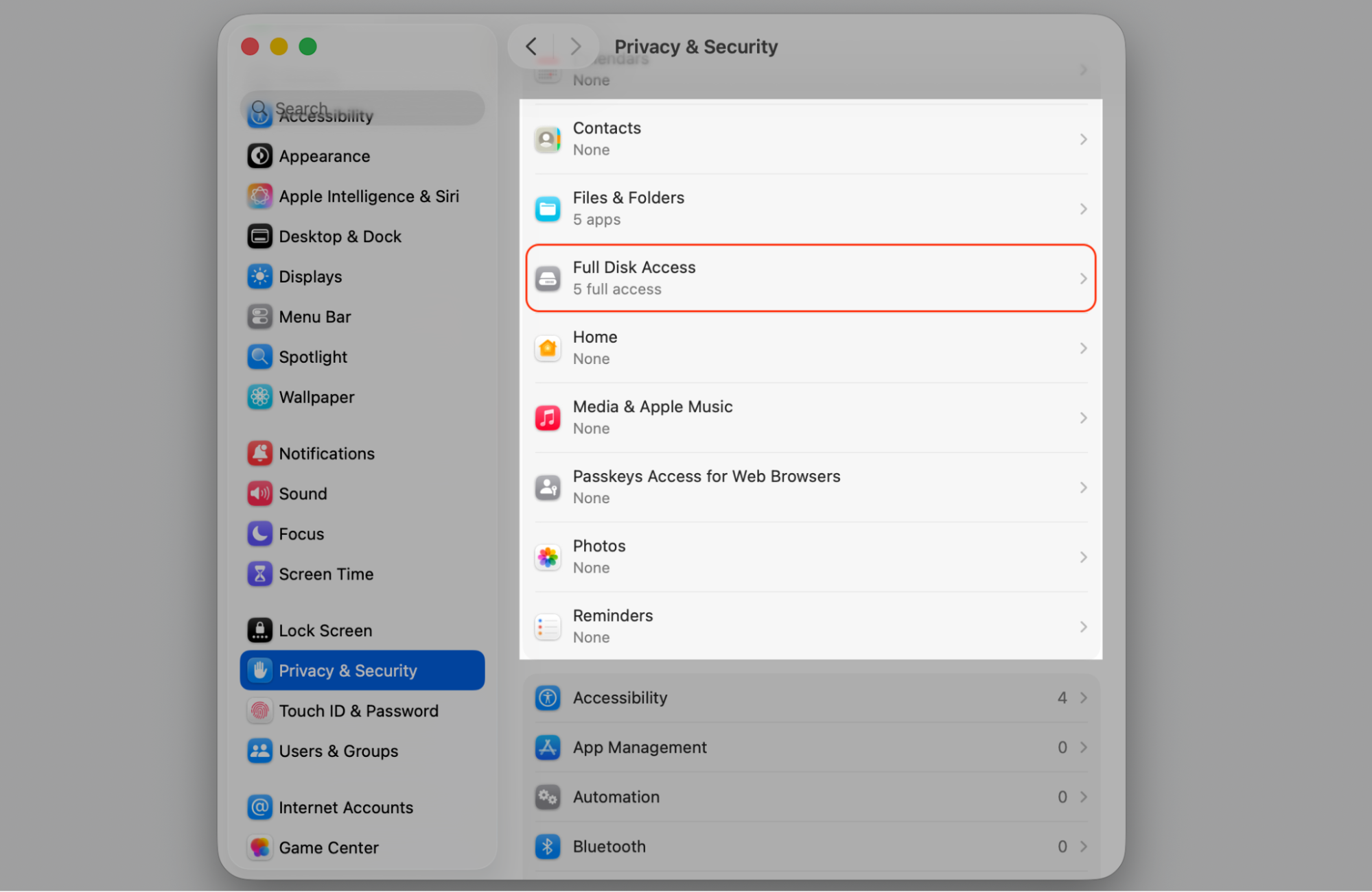 Choose Full Disk Access in the Privacy & Security pane of macOS System Settings on your Mac to manage app permissions.
