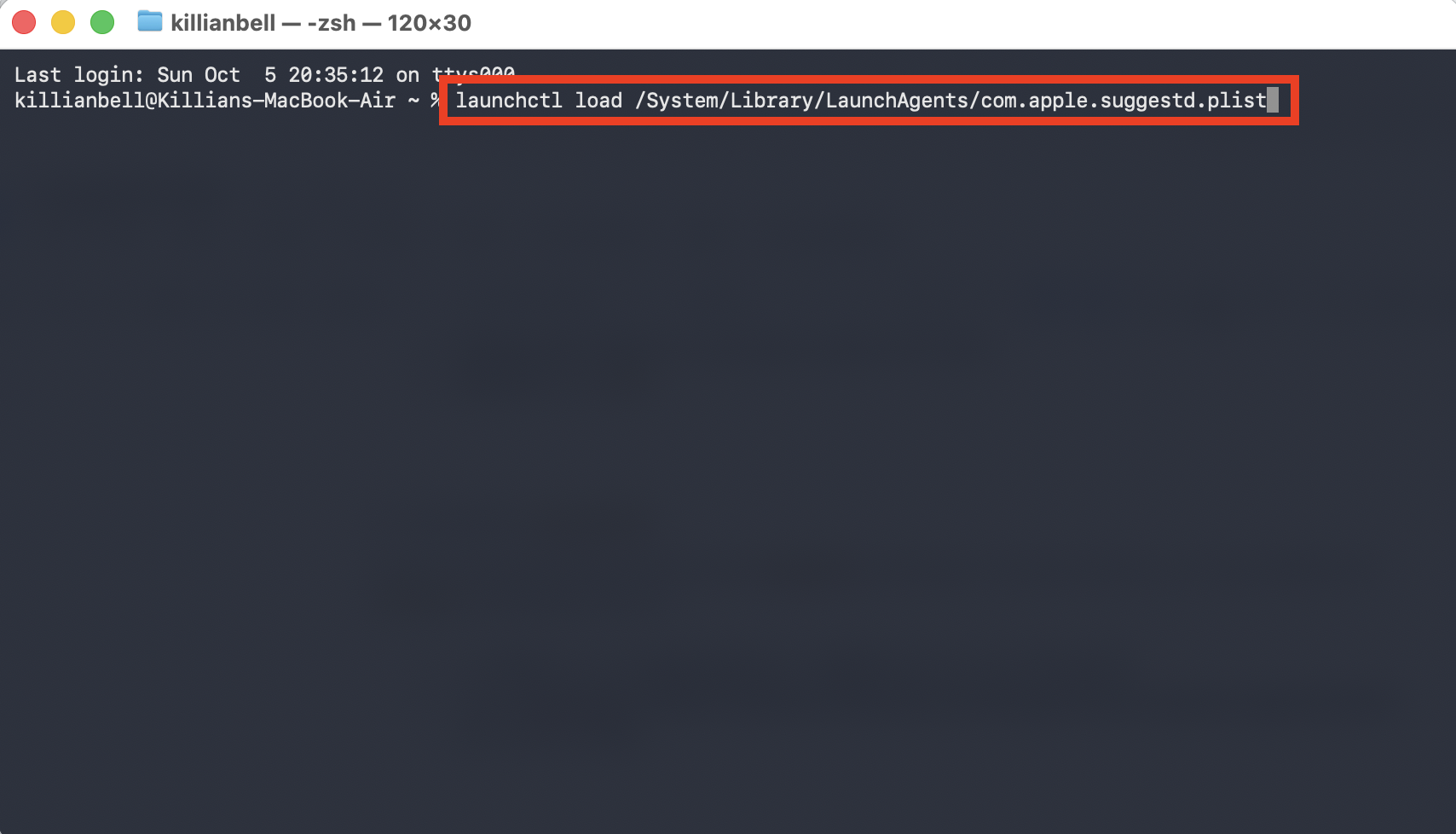 A command that re-enables the suggestd process in Terminal on Mac. Disable and then re-enable the process to fix performance issues caused by the suggestd process.