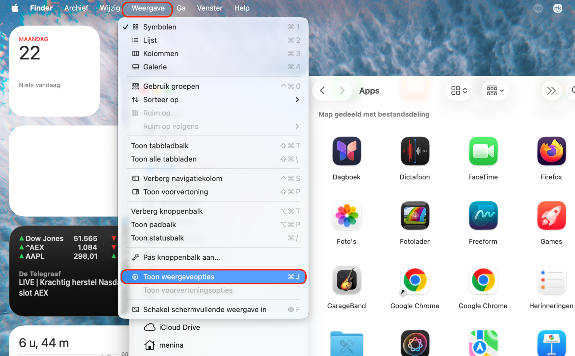 In de map Applicaties, ga naar de menubalk, selecteer Weergave en klik op Toon weergaveopties om aan te passen hoe app-details zoals grootte worden weergegeven.
