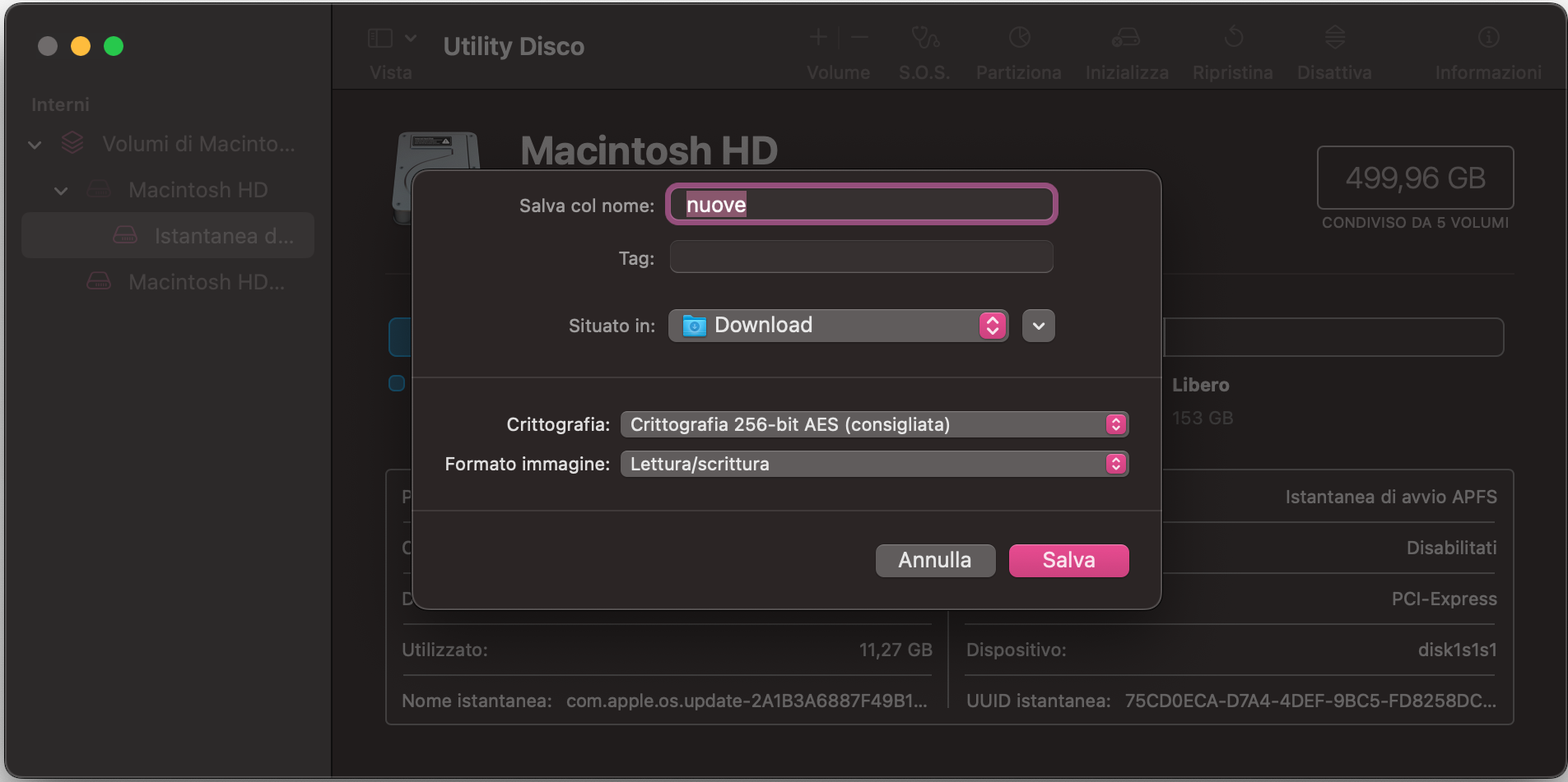 Come impostazione finale per la cartella cifrata in Utility Disco di macOS, controlla le informazioni inserite e clicca sul pulsante Salva. 