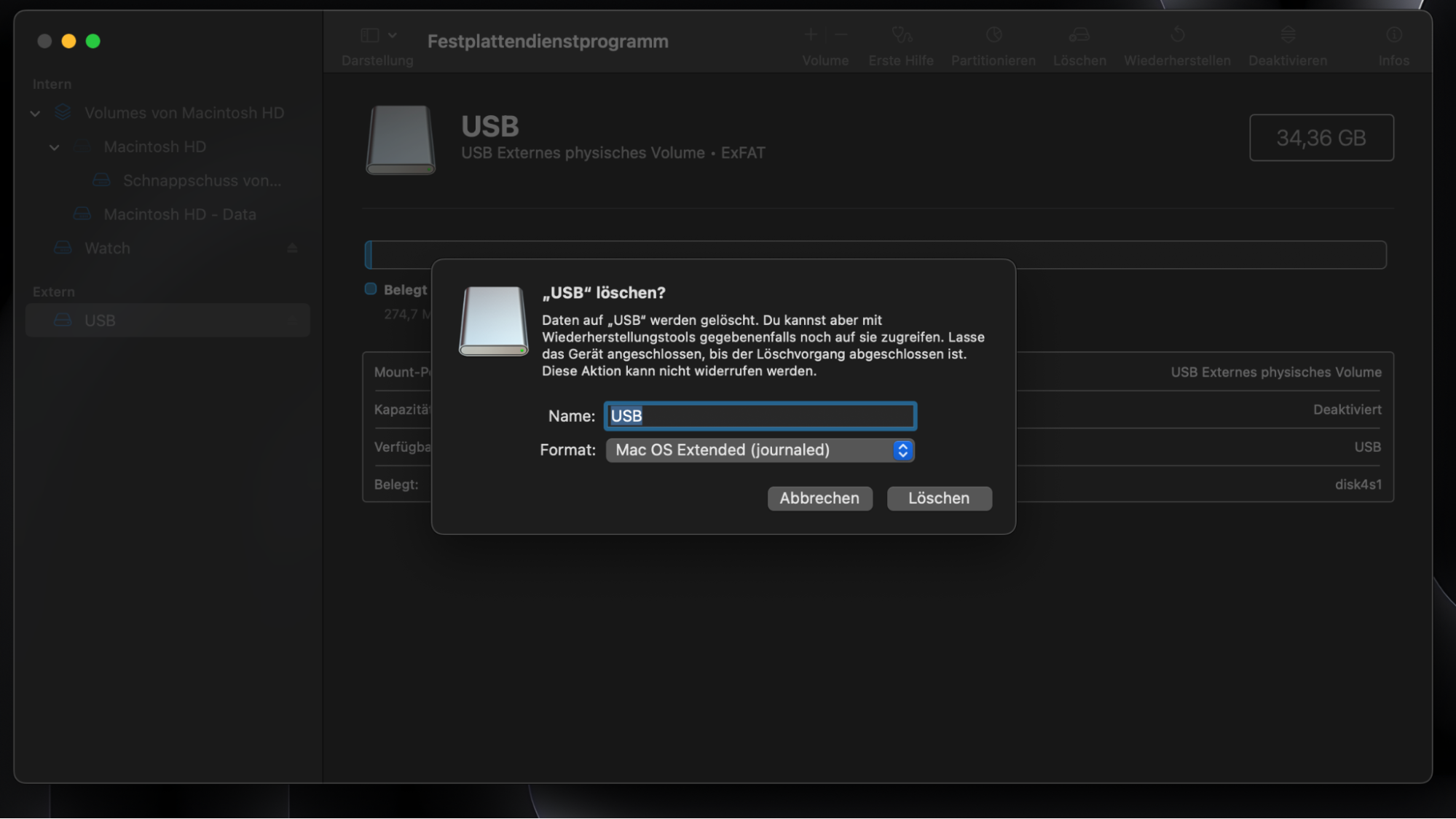 Nun müssen Sie die Optionen für das Format auswählen. Wählen Sie Mac OS Extended (Journaled) und GUID-Partitionsschema. Geben Sie Ihrem USB-Laufwerk einen Namen und klicken Sie auf Löschen.