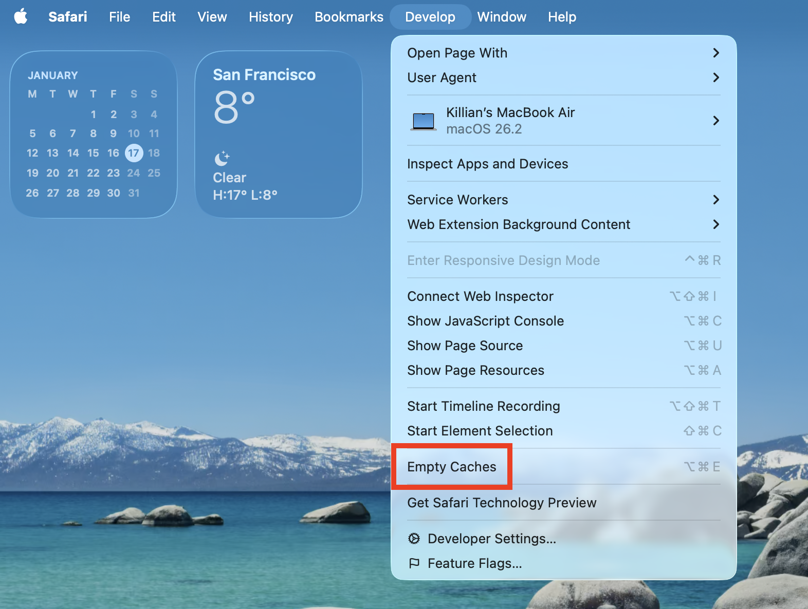 The option to Empty Caches inside Safari on Mac. Select this from the Develop menu when you want to clear the Google Drive cache within Safari for macOS.