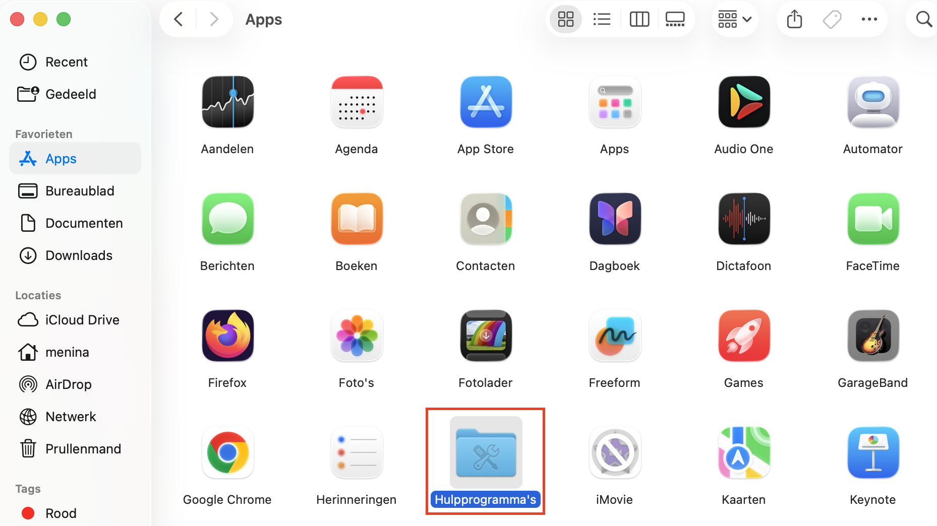 De map ''Hulpprogramma’s'' in Finder op de Mac. Als de prullenmand bestanden niet wil verwijderen, open je eerst Hulpprogramma’s en start je vervolgens Schijfhulpprogramma om ‘Eerste hulp’ op je Mac uit te voeren.