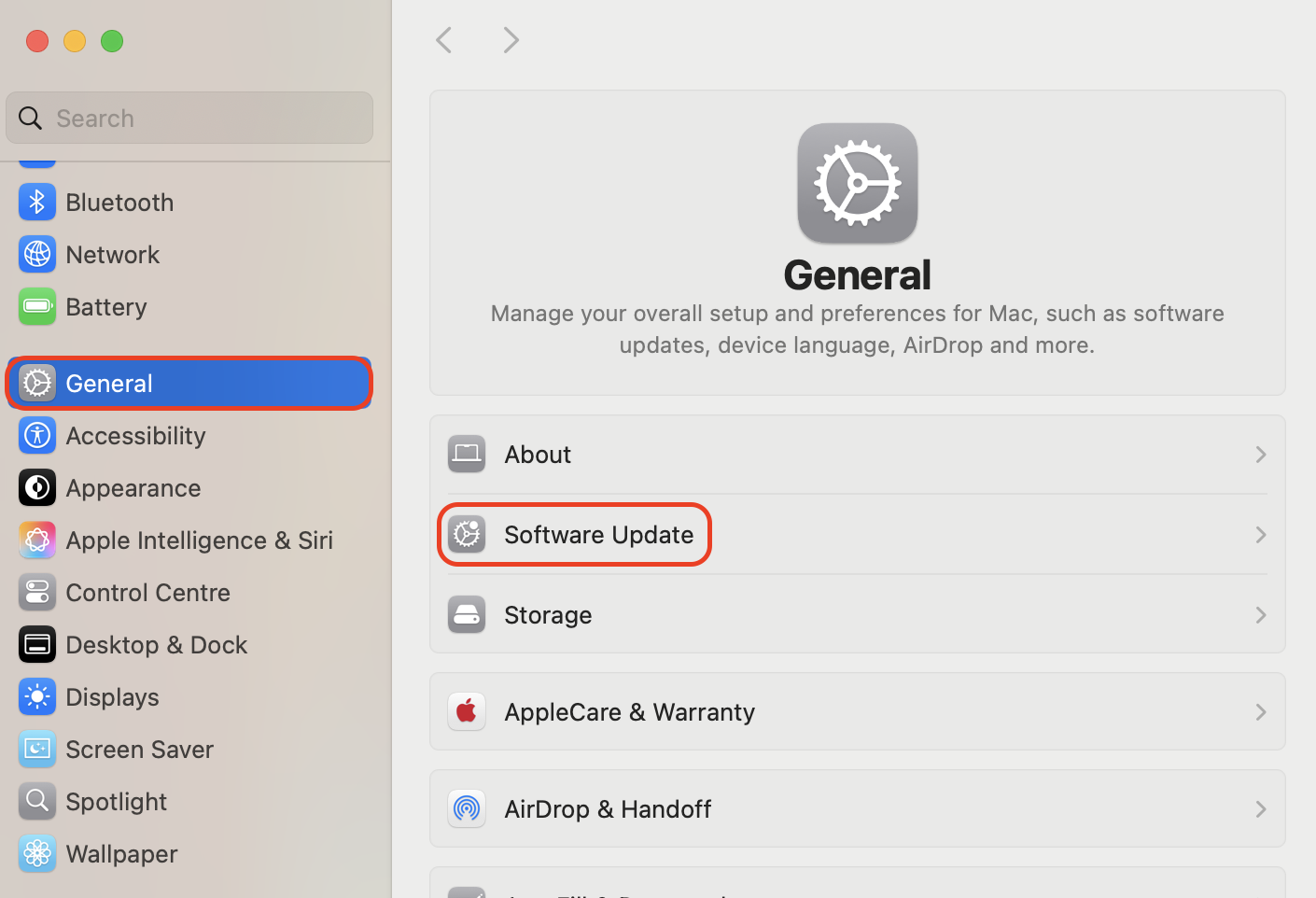 Open System Settings on your Mac, go to General, and click Software Update to check for available macOS updates and install the latest system improvements.