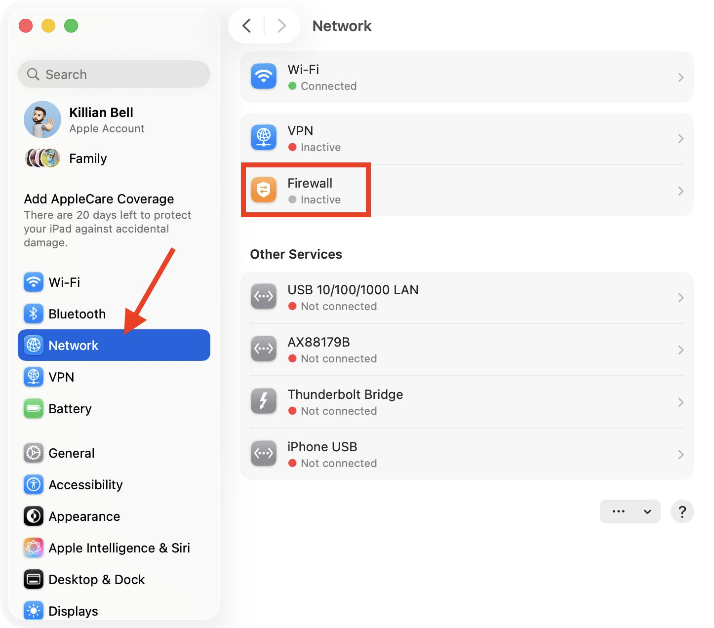The Firewall option inside System Settings > Network on Mac. Check your firewall settings when you encounter the NSURLErrorDomain error -1012 message to fix firewall issues.