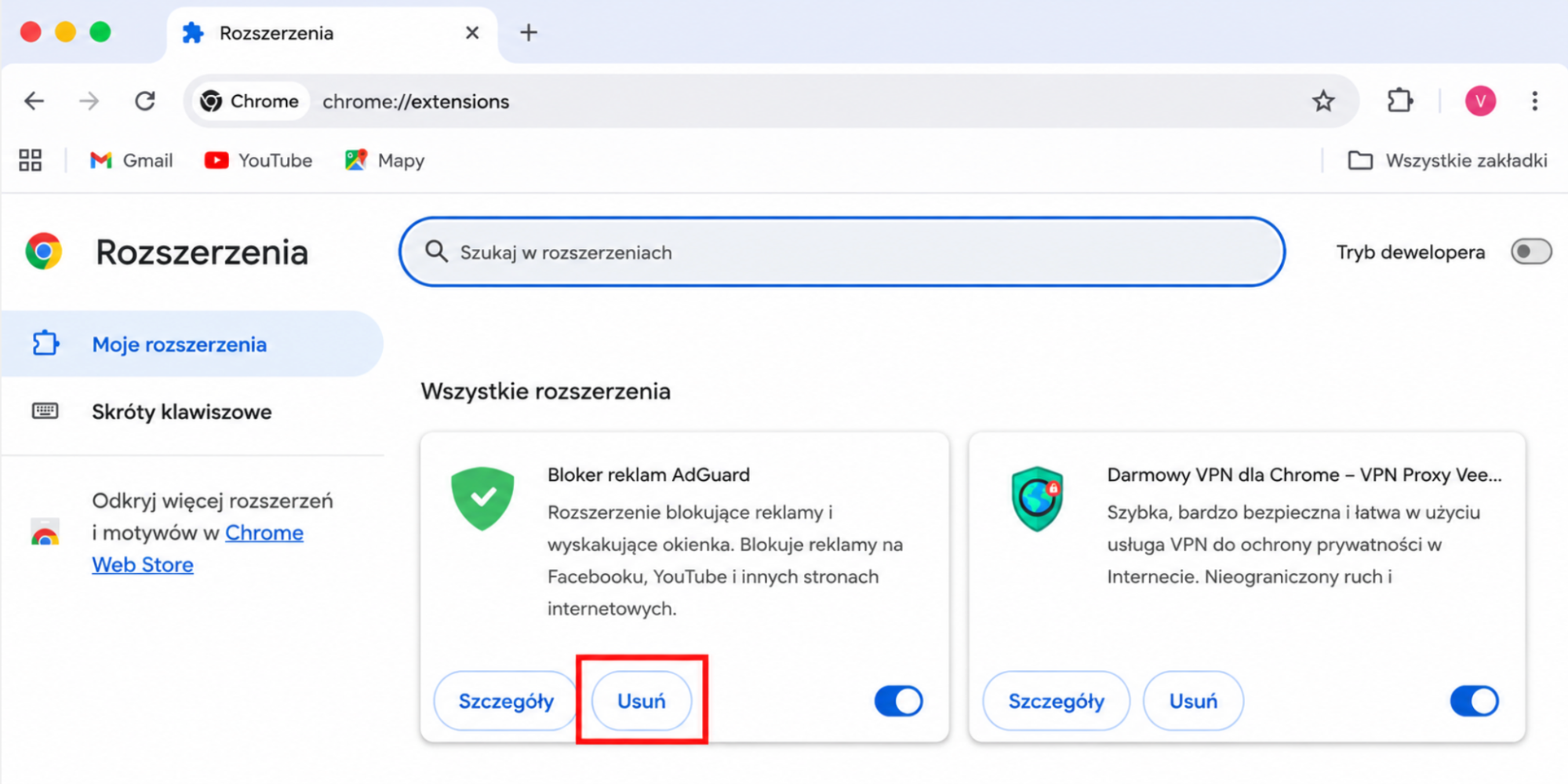 Na liście rozszerzeń Google Chrome kliknij przycisk Usuń przy rozszerzeniu, a następnie kliknij Usuń  ponownie, aby potwierdzić.
