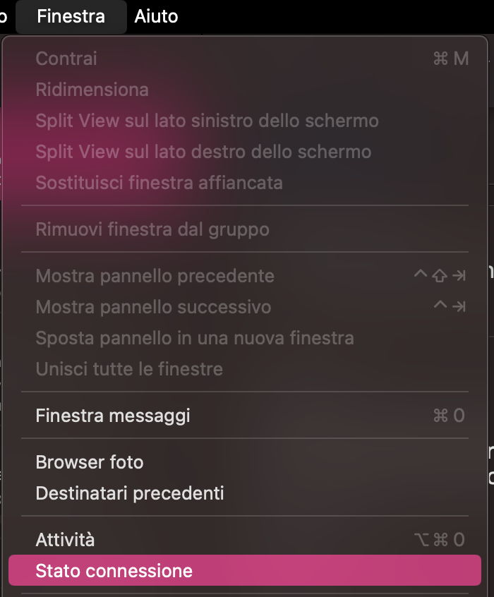Dalla barra dei menu all’interno dell’app Mail, vai su Finestra e seleziona Stato Connessione per controllare le connessioni.