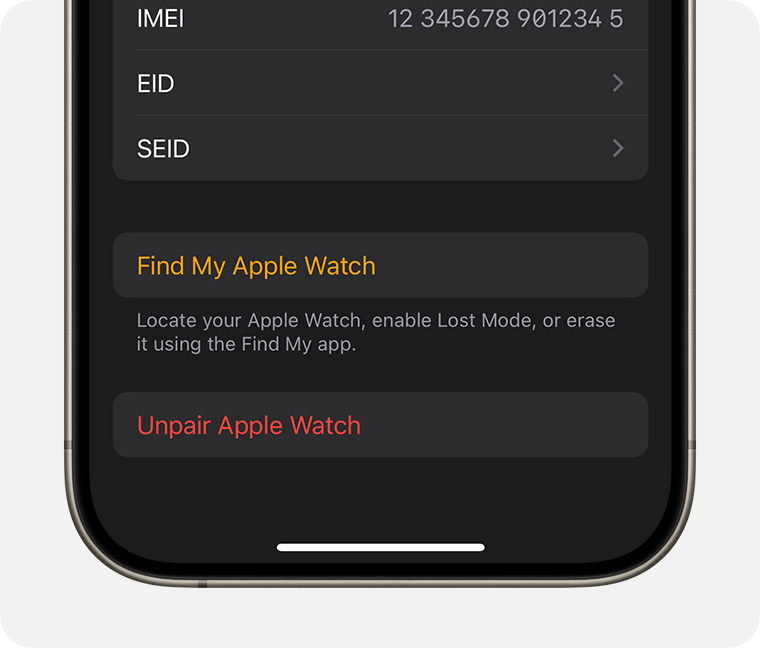 Select Unpair Apple Watch from the device options and confirm the action to completely disconnect the Watch from your iPhone.