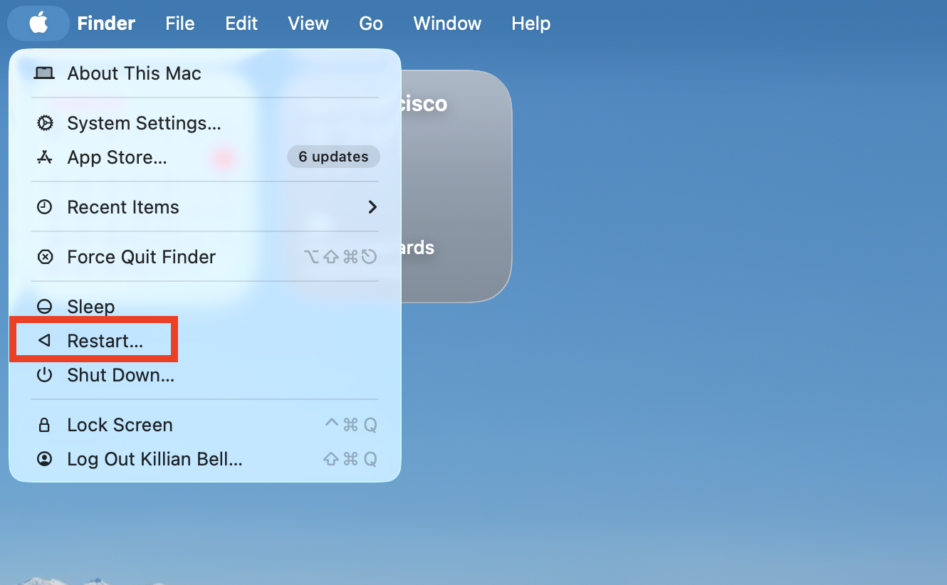 The Restart option inside the Apple menu on Mac. If your MacBook battery is not charging, try restarting your device and then plug it back in.