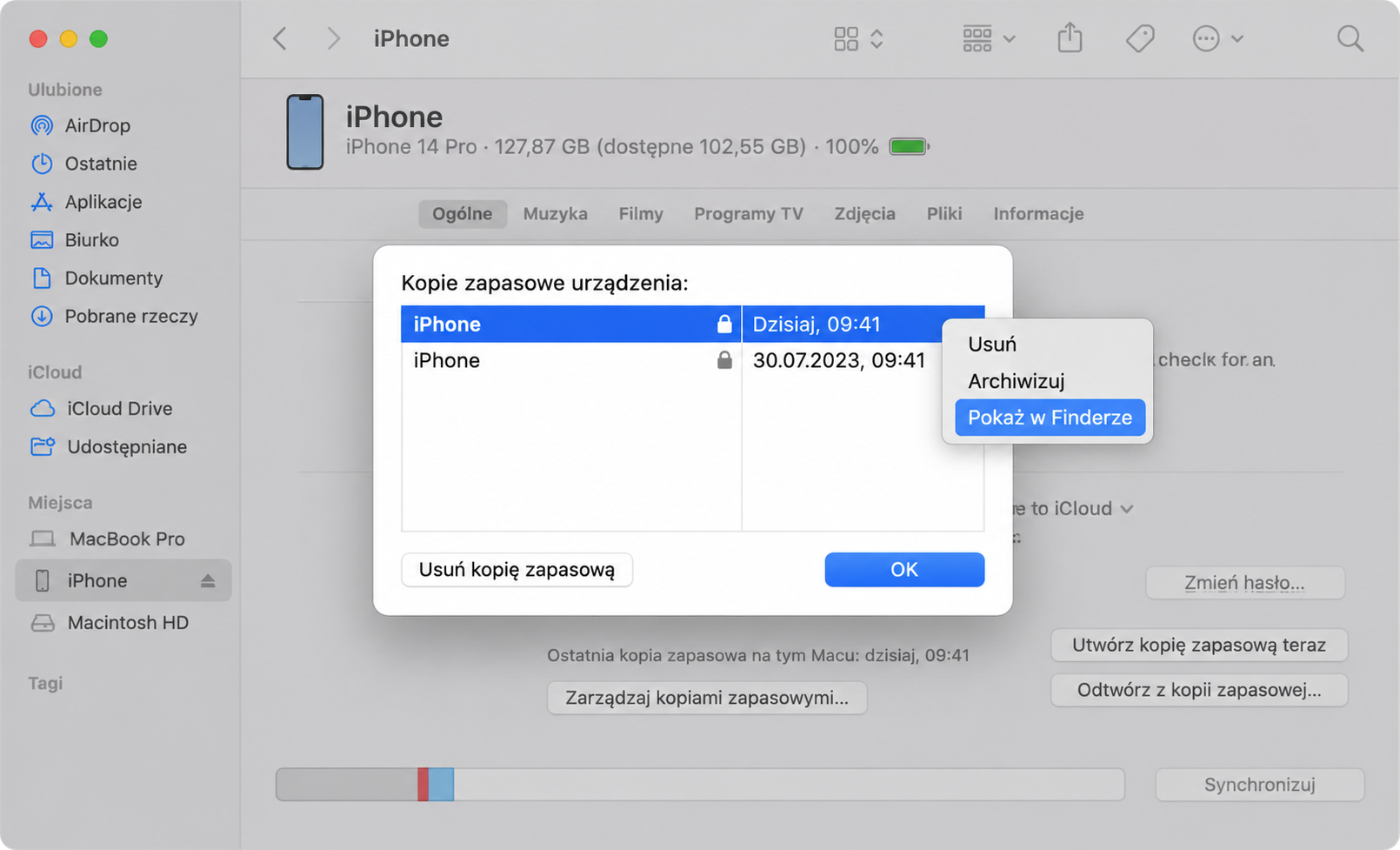 Aby pozbyć się kopii zapasowych urządzeń iTunes, musisz otworzyć Findera i kliknąć podłączone urządzenie z iOS. Stamtąd możesz kliknąć Zarządzaj kopiami zapasowymi. Pozwoli Ci to zarchiwizować lub usunąć kopię zapasową, aby zmniejszyć ilość pamięci zajętej w przestrzeni Inne.