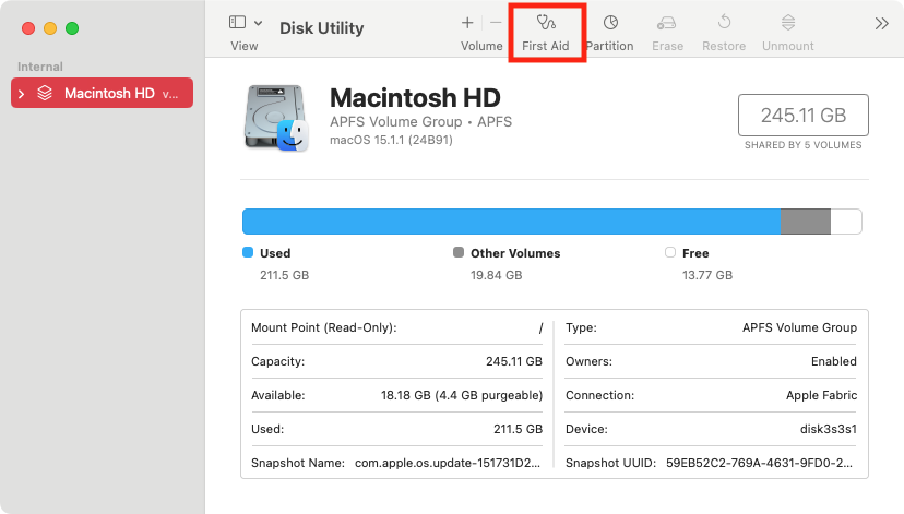 In the Disk Utility tool, select the drive you want to check from the left, then click the 'First Aid' button at the top.