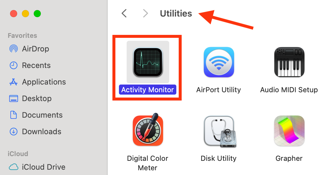 The Utilities folder inside Finder on Mac showing the Activity Monitor icon. You can use Activity Monitor to stop the corespotlightd process when it eats up too much CPU and RAM.