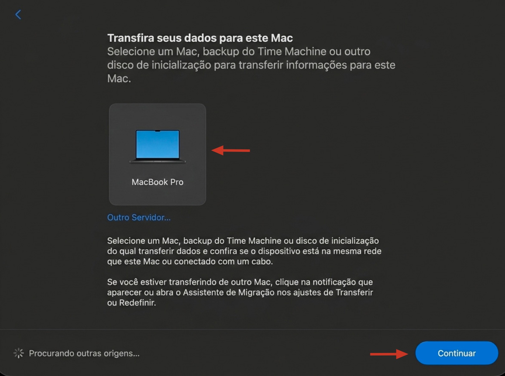 Assistente de Migração no Mac mostrando a janela de informações de transferência. Para usar o Assistente de Migração para mover conteúdo de um Mac para outro, selecione seu Mac antigo e clique em Continuar.