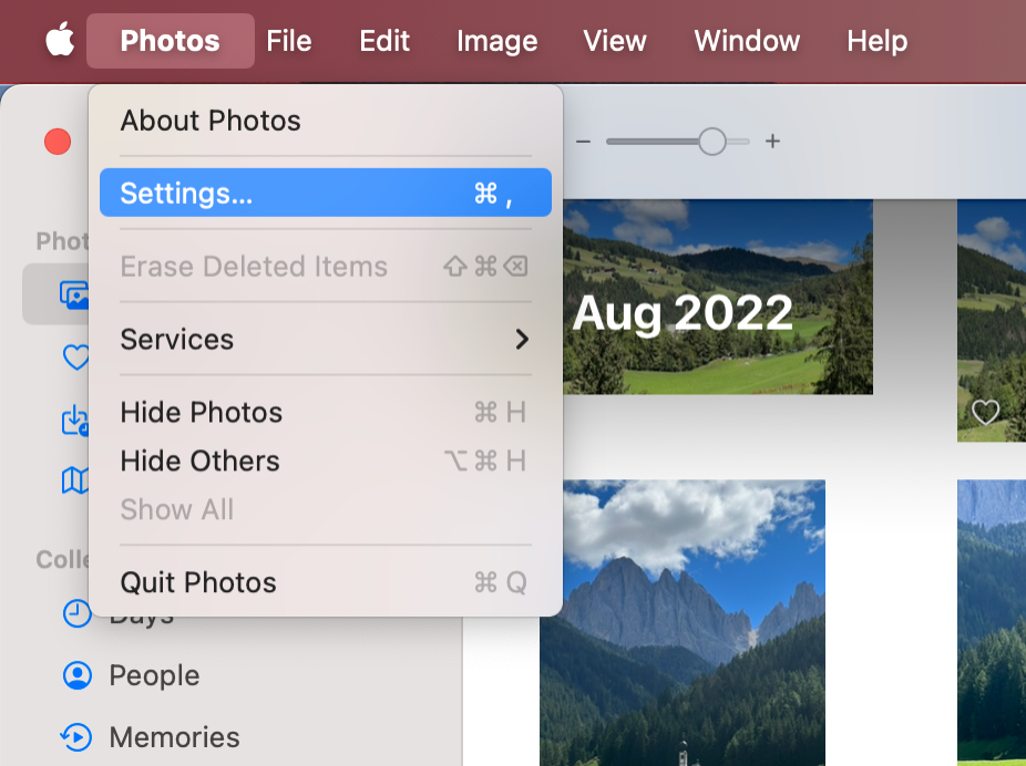 To turn off iCloud syncing on your Mac, go to Photos, then choose Settings from the dropdown menu.