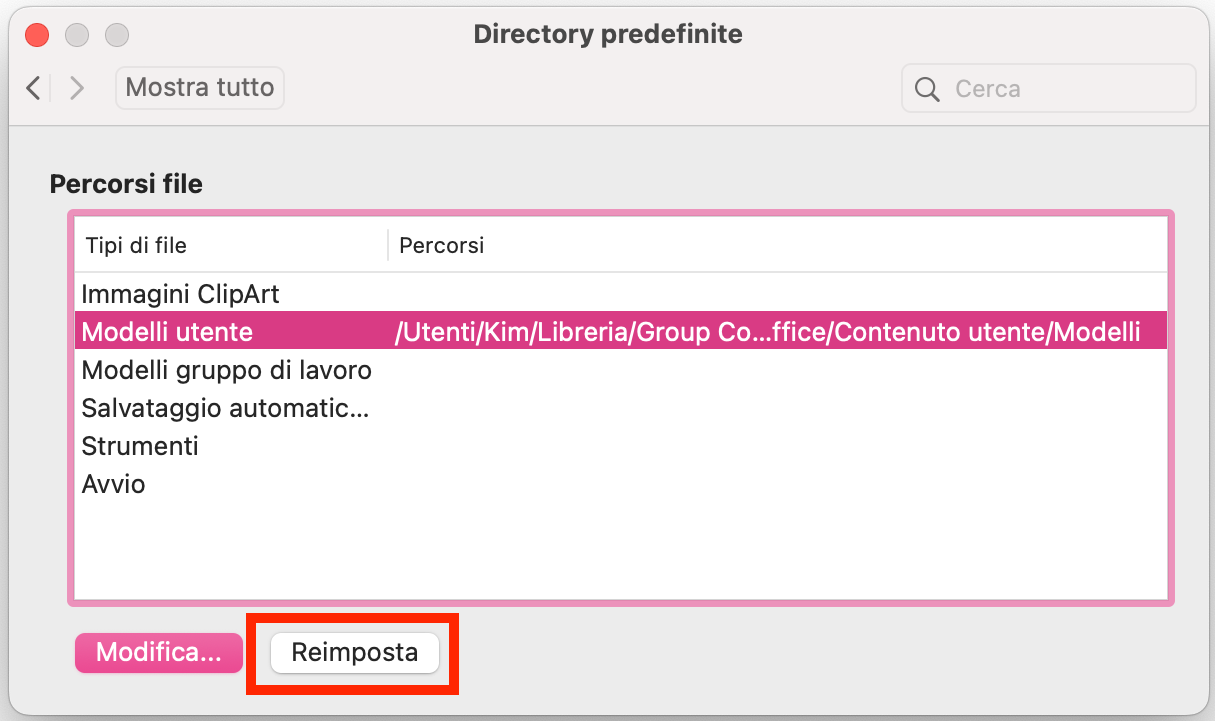Poi devi cliccare su Modelli utente per selezionarlo, e poi cliccare il pulsante Ripristina. Dopo aver fatto questo, prova di nuovo Word sul tuo Mac.