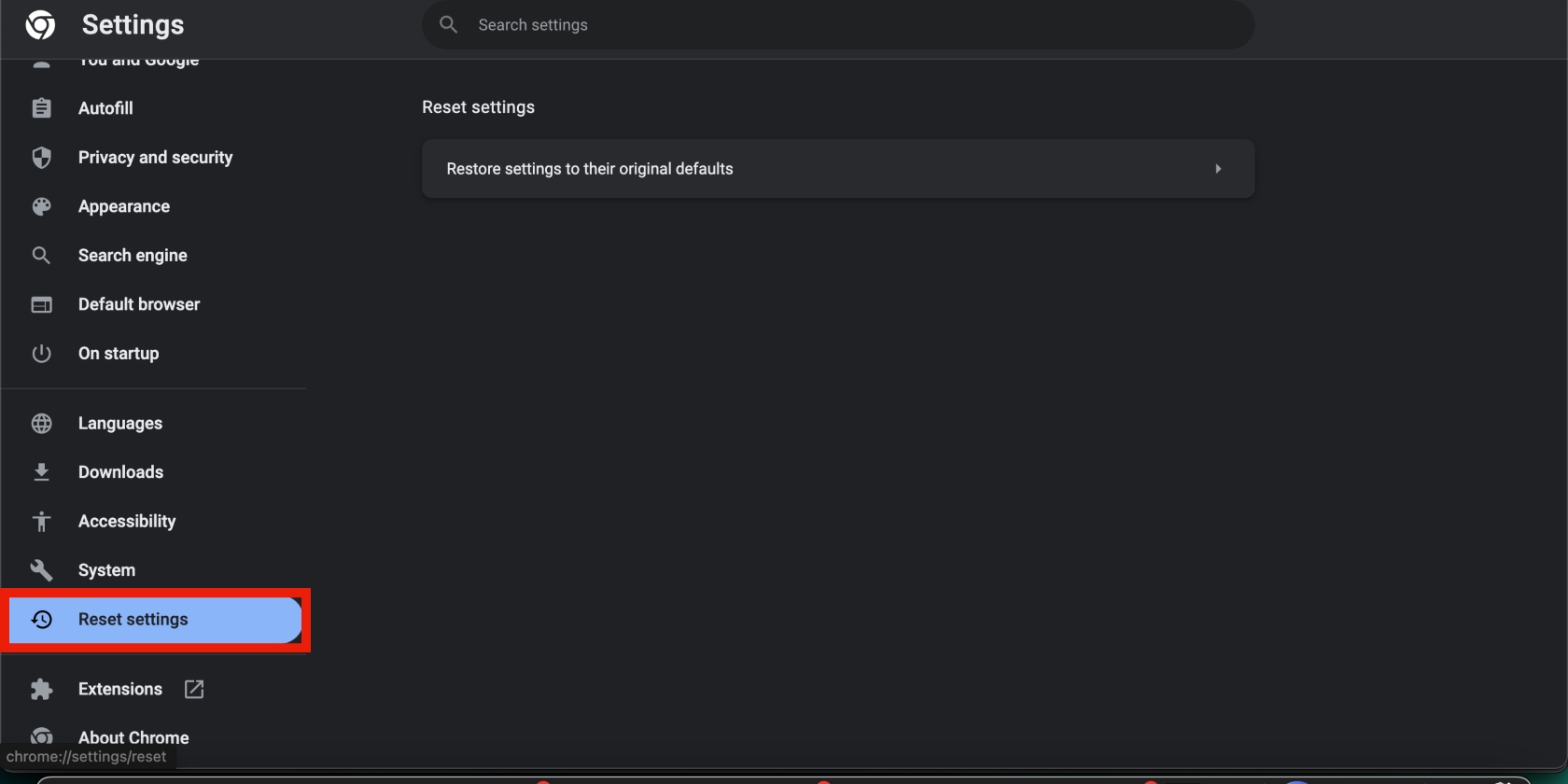 The Chrome settings page is opened on a Mac. To reset Chrome, click on Reset settings > Restore settings to their original defaults > Reset settings.