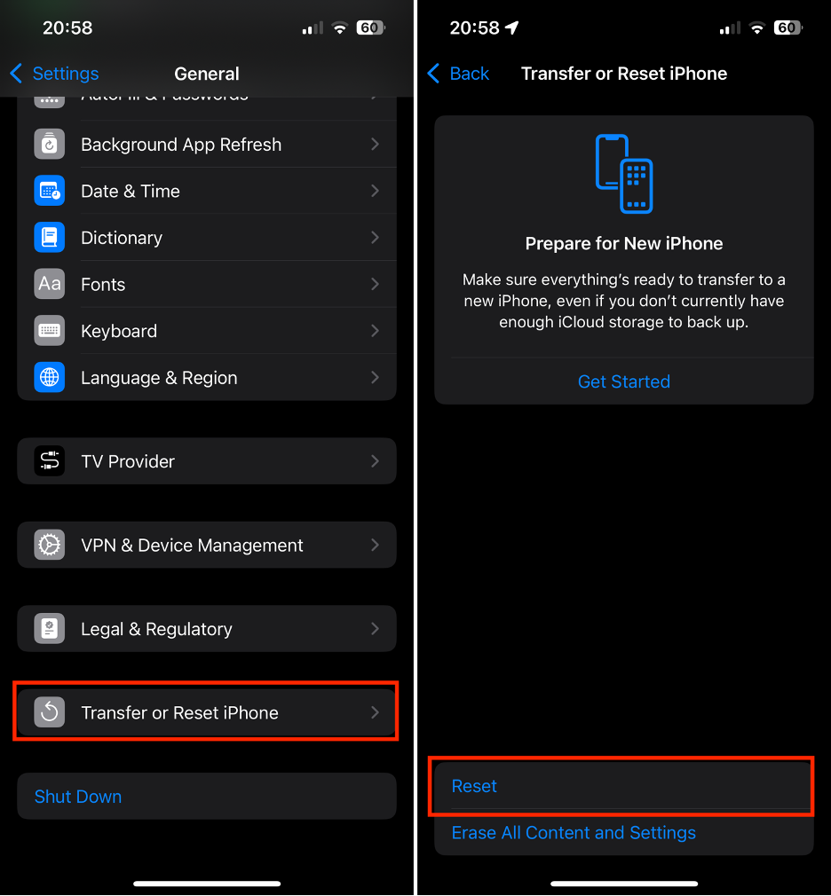 To resolve the iCloud Private Relay issue on iOS and iPadOS devices, tap Transfer or Reset on your iPhone or iPad, then choose Reset from the list.