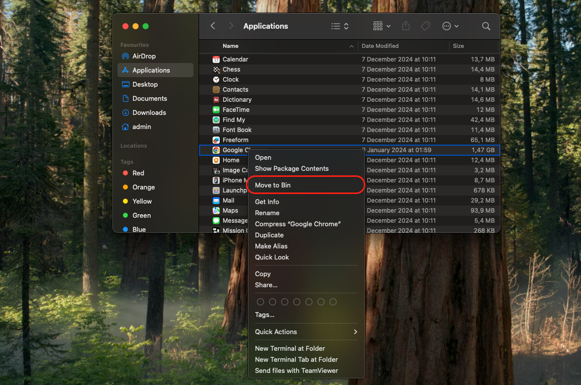 Finder on macOS with Google Chrome selected and Move to Bin chosen by Control-click to uninstall the browser that keeps crashing.