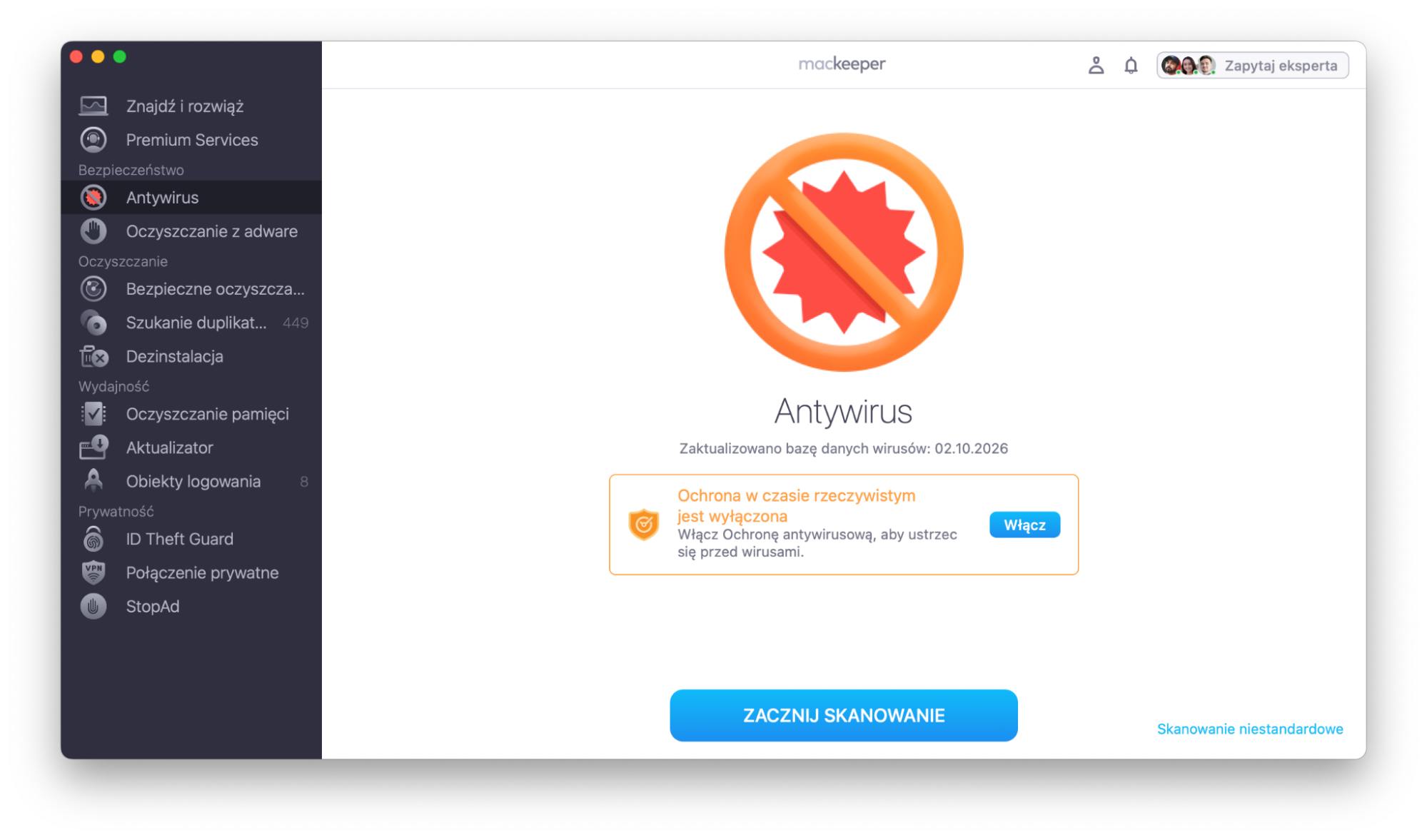 W aplikacji MacKeeper narzędzie Antywirus można wybrać z menu bocznego. Można je wykorzystać jako możliwy sposób na naprawienie wolno działającego lub zawieszającego się Maca.