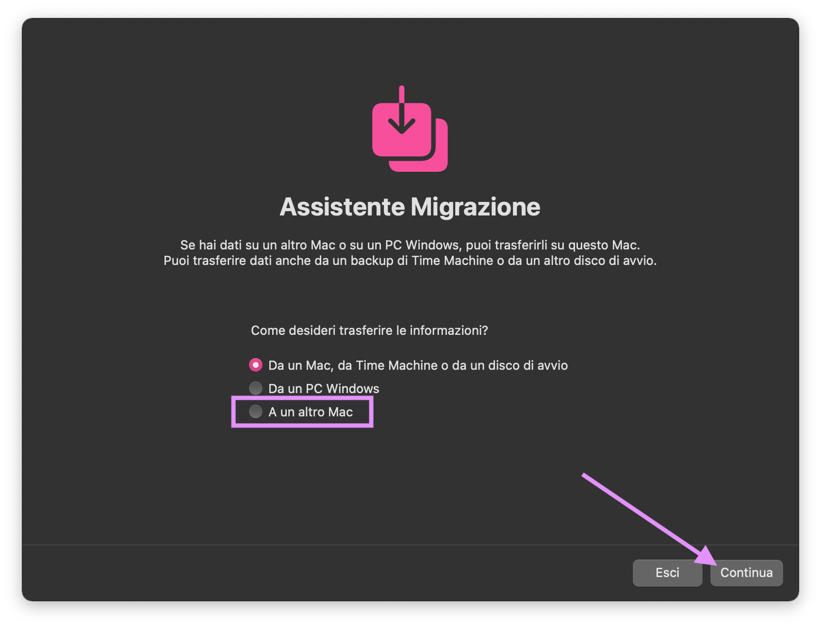 Assistente Migrazione su Mac mostra le opzioni di trasferimento dati. Per spostare contenuti da un Mac all’altro, seleziona Verso un altro Mac, poi fai clic su Continua.