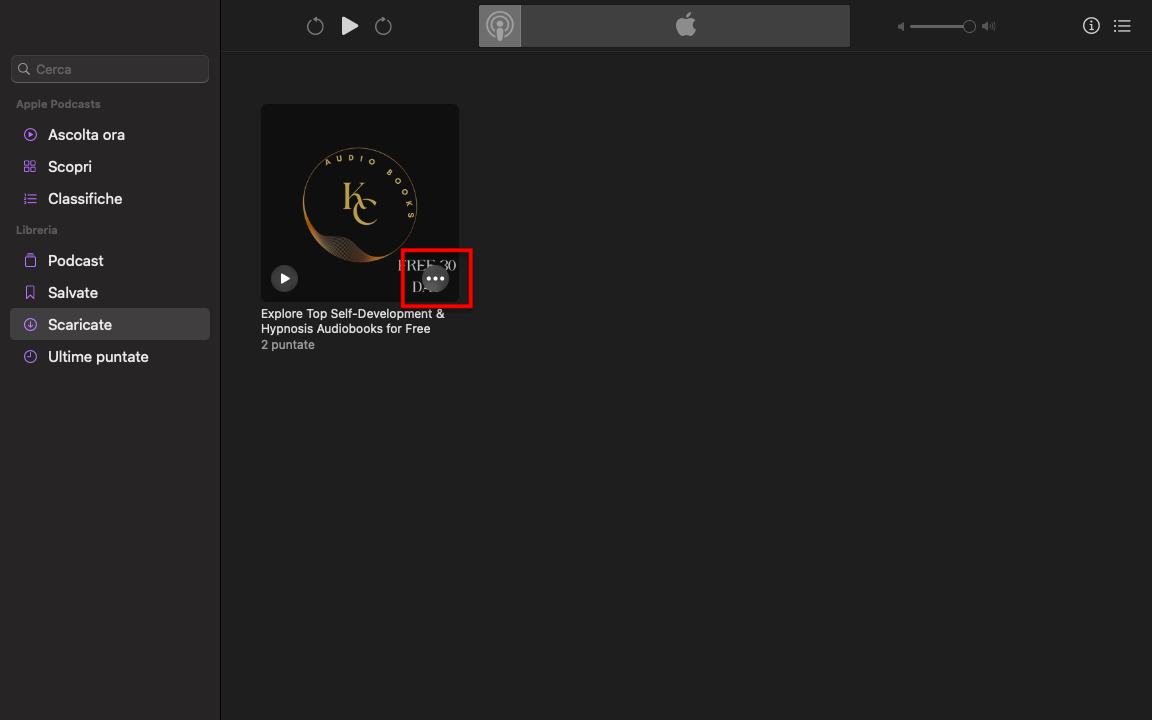 La sezione Scaricate all'interno dell'app Podcast su Mac. Rimuovere i vecchi podcast non più necessari per liberare spazio sul disco del Mac.