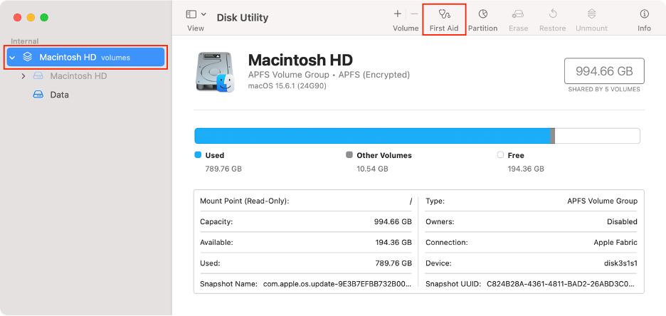 To fix disk-related issues on a Mac, select your device’s disk on Disk Utility, then click First Aid.